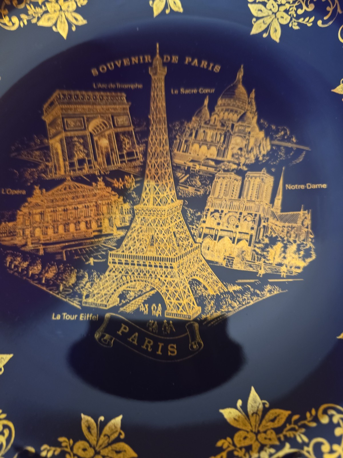 Limoges France Cobalt Blue/Gold Porcelain Plate SOUVENIR DE PARIS 9in.