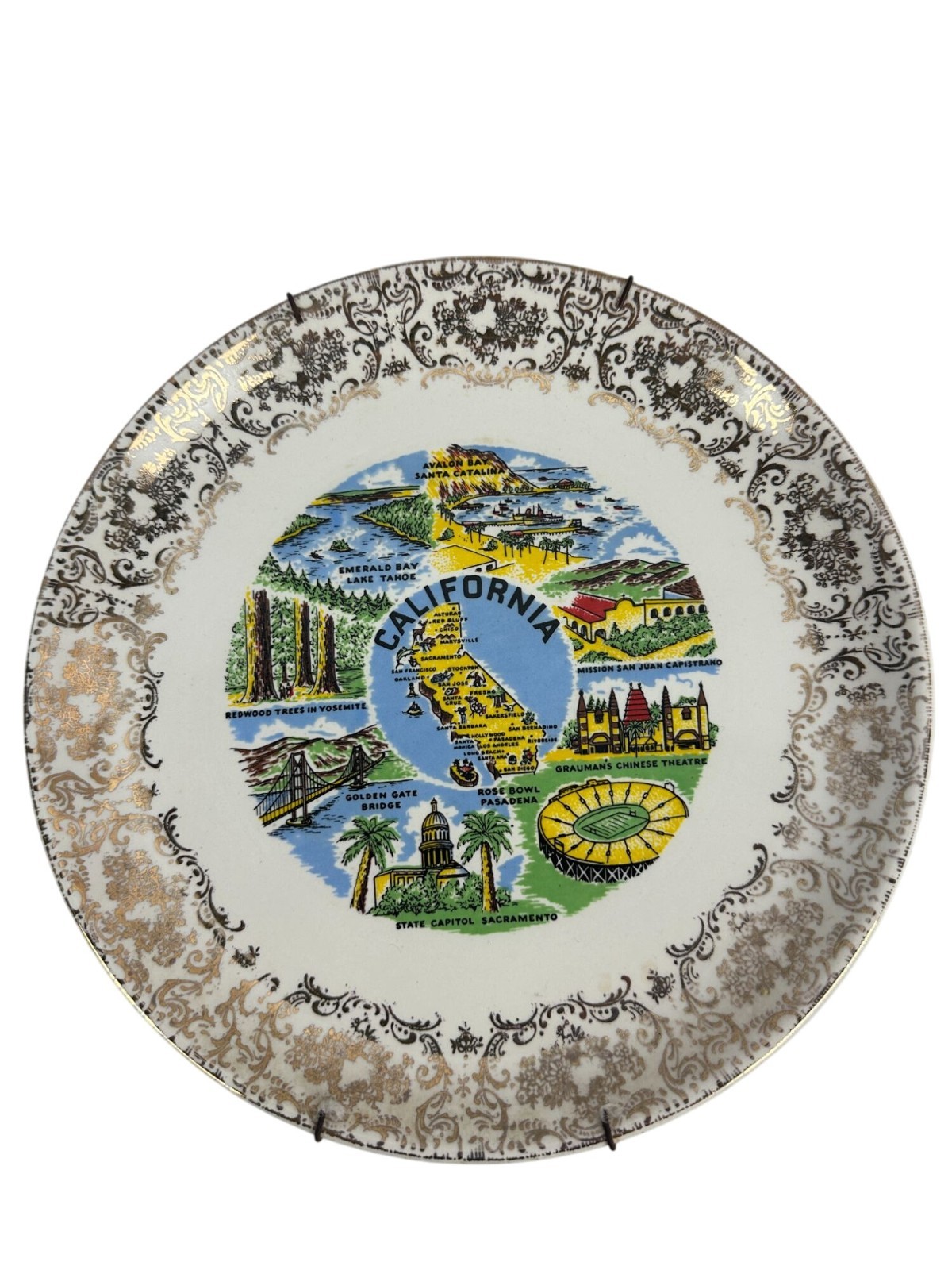 California Vintage Souvenir Plate Scenic Attractions Gold Trim 9” Display Item