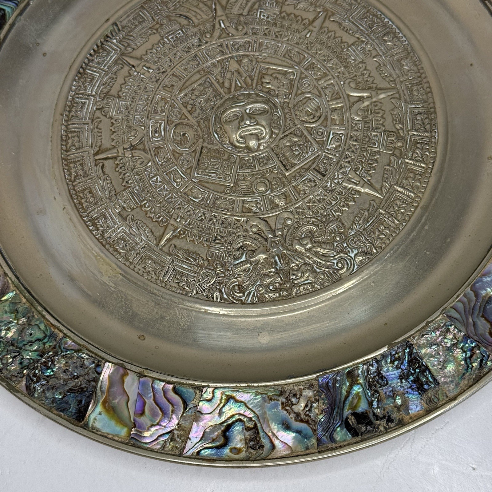 Vintage Set 11″ Aztec Sun Calendar Wall Plate Abalone Shell Inlay & Brass Mexico