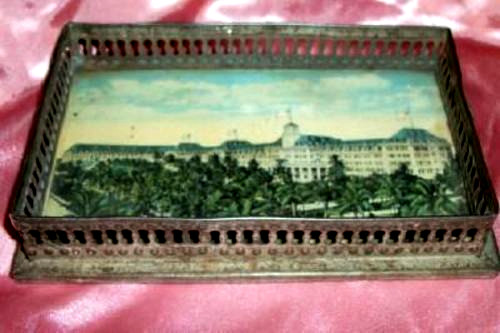 Victorian Souvenir Florida Post Card Metal Dish Calling Card Royal Poinciana