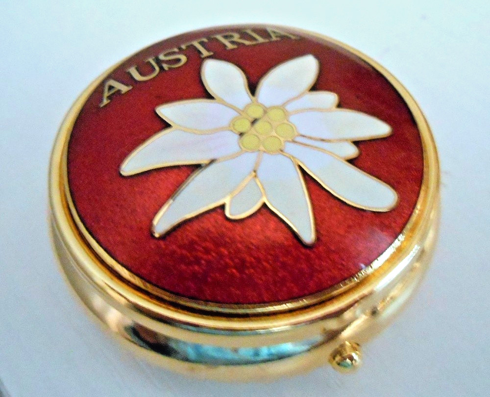 Austria Edelweiss Red Enamel Small Round Pill Box Metal Travel Souvenir