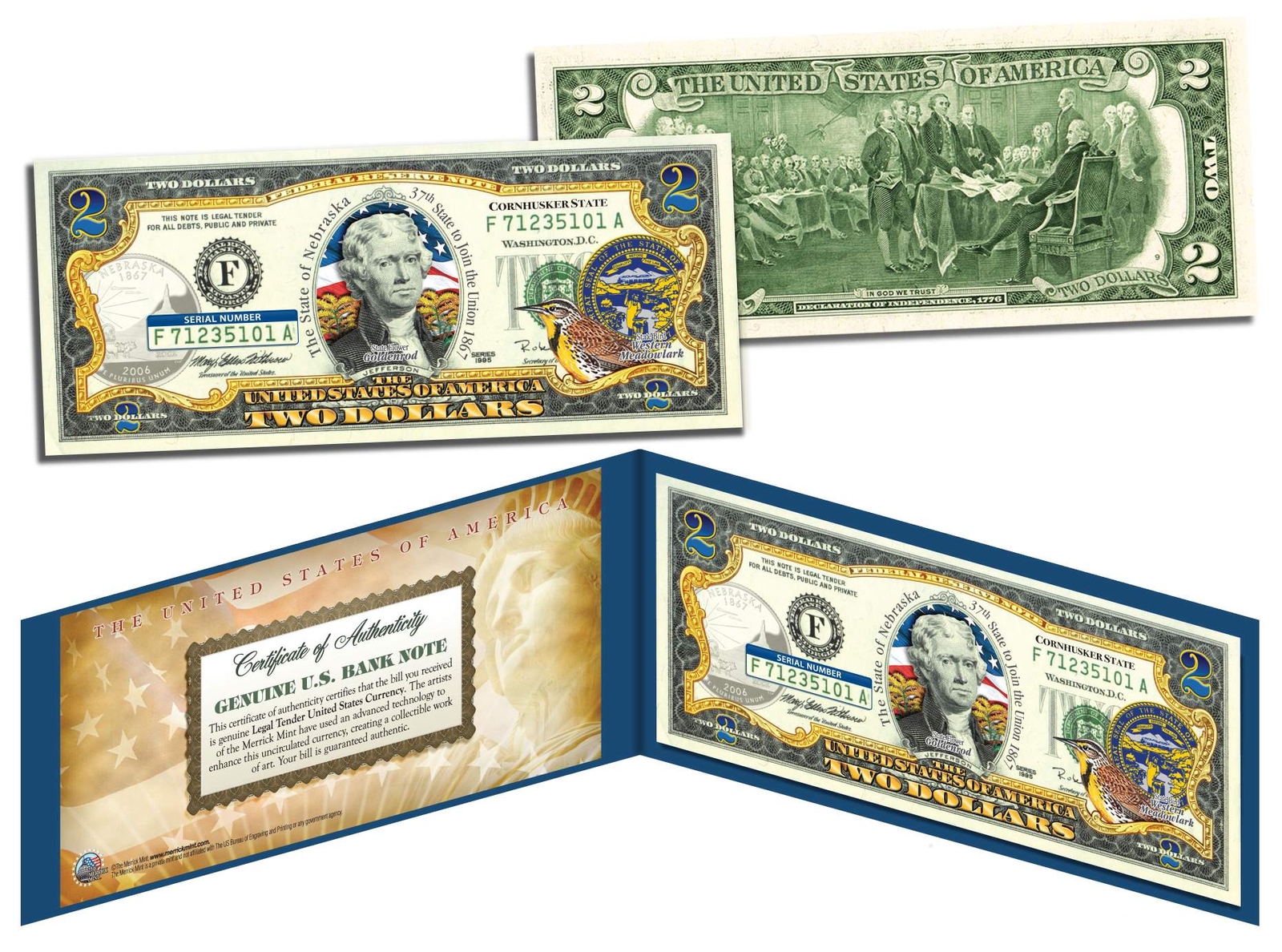 NEBRASKA $2 Statehood NE State Two-Dollar US Bill *Genuine Legal Tender* w/Folio
