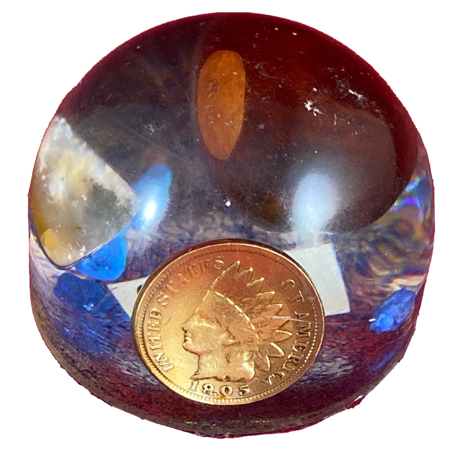 1905 INDIAN HEAD CENT, OHIO BUCKEYE & OFFICIAL GEM FLINT STONE PAPERWEIGHT
