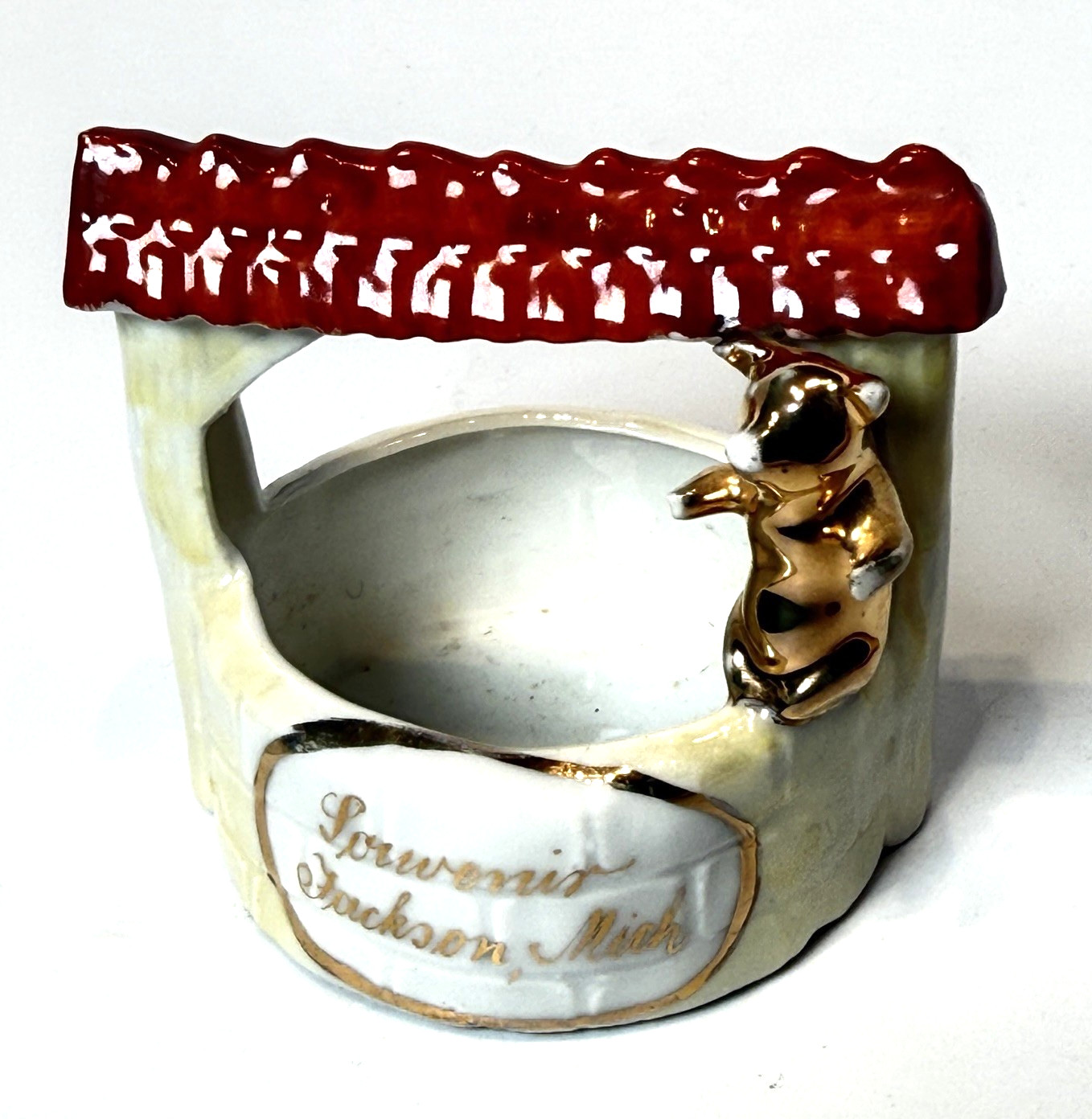 JACKSON MICHIGAN MI Antique WELL Souvenir China PIG GOLD TRINKET BOWL