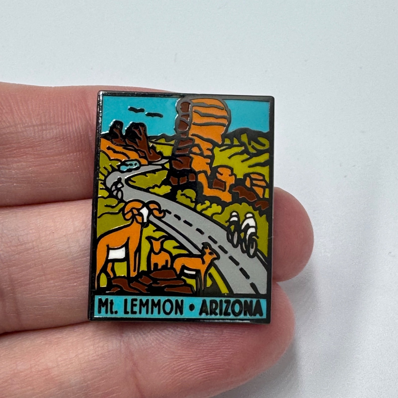 Mt Lemmon Arizona Lapel Pin Bighorn Sheep Cyclists Scenic Souvenir Mount