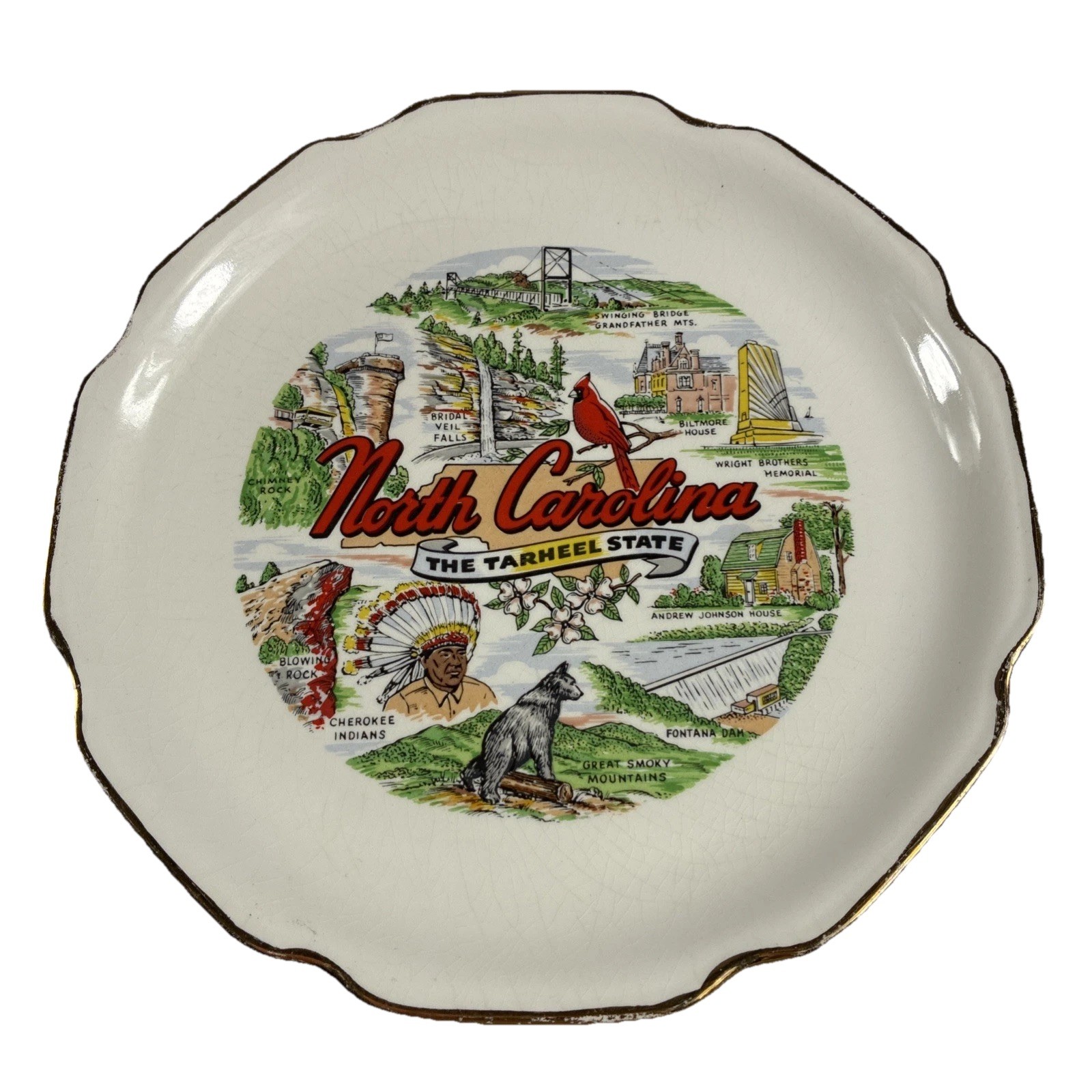 9″ Vintage North Carolina The TarHeel State Souvenir Plate 22k Trim Made in USA