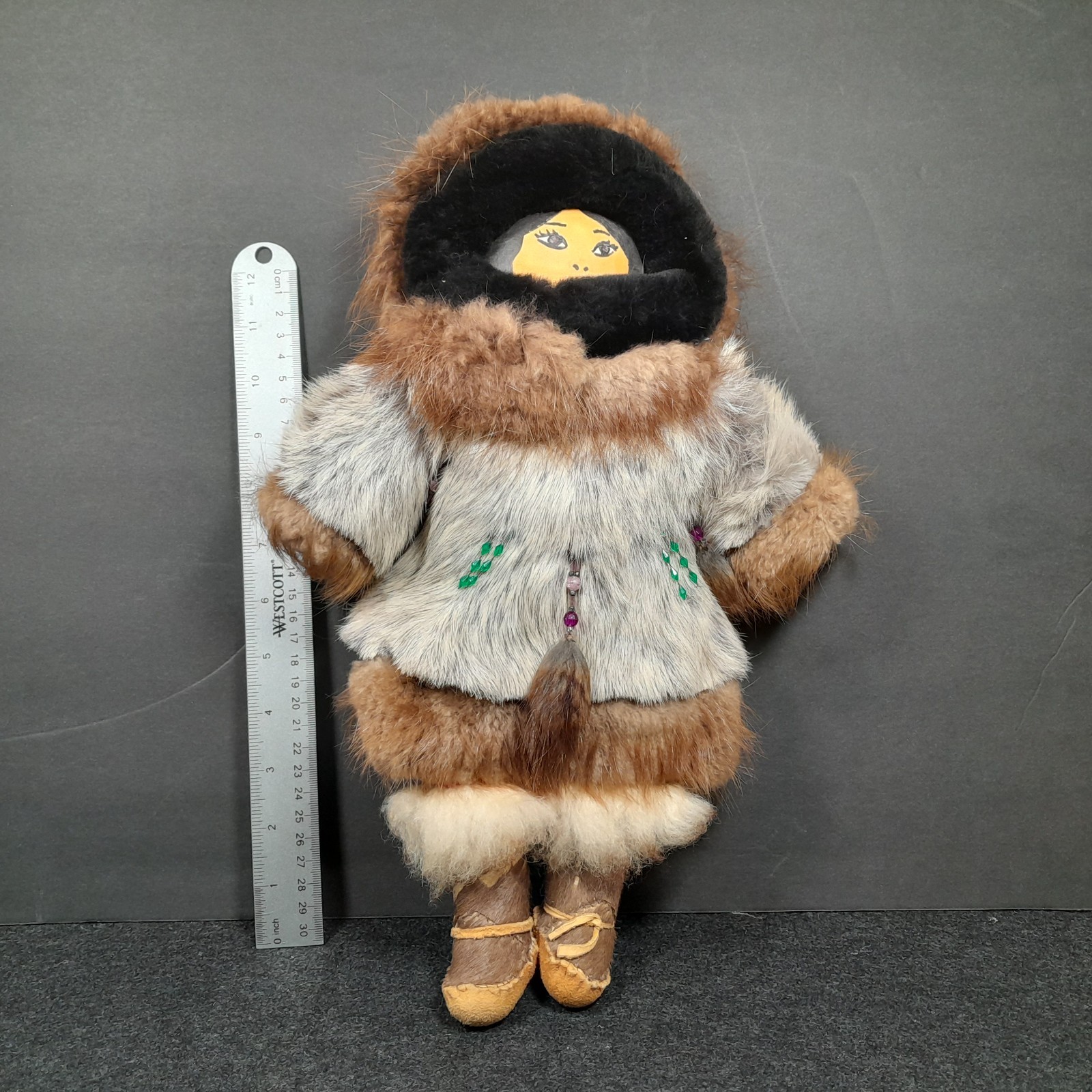 Handmade Inuit/Eskimo 12″ Female Doll Real Fur/Leather Beaded Unbranded