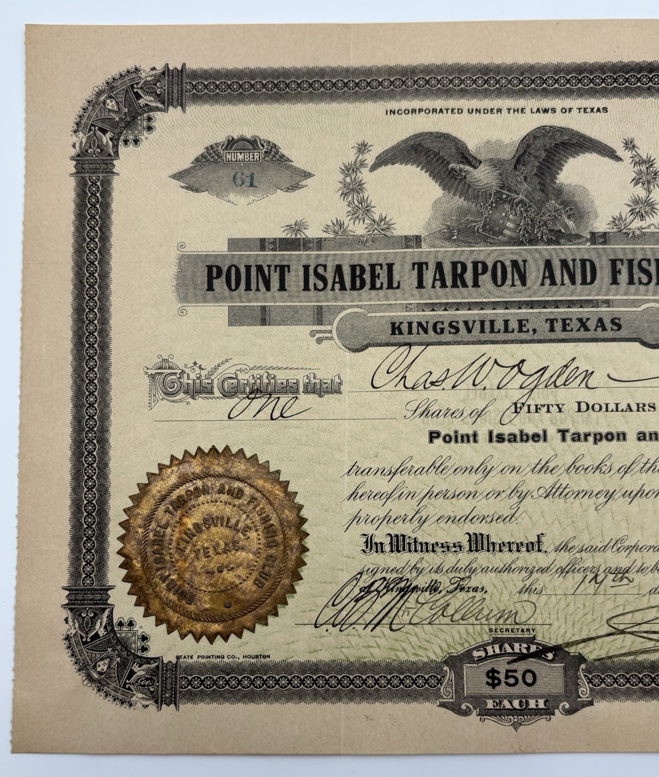 1907 Point Isabel Tarpon Fishing Club Stock Certificate Queen Isabel Inn Kleberg
