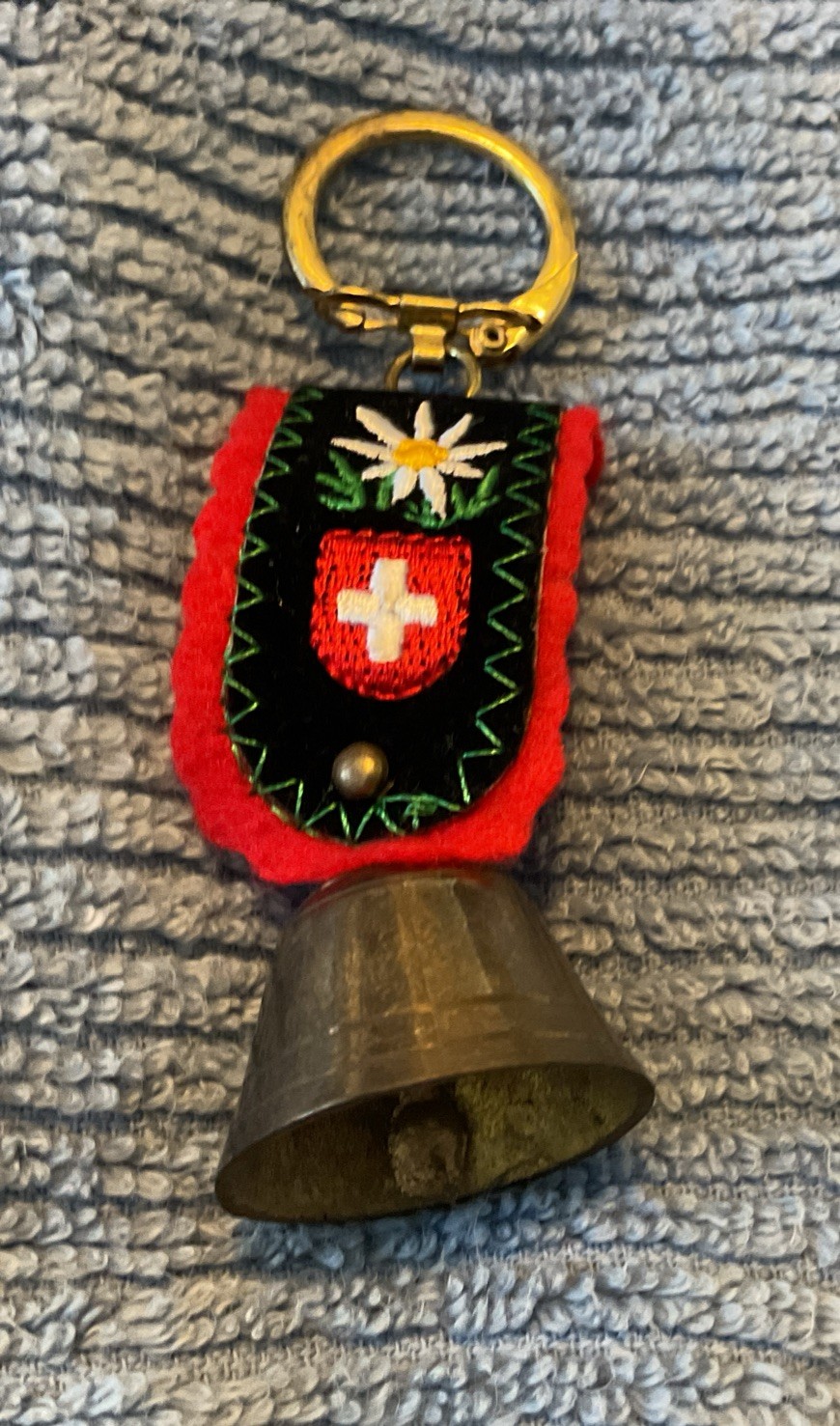 Vintage Swiss Switzerland Bell Keychain Souvenir Embroidered Heart Floral Gift