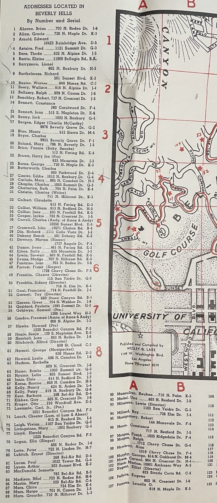 Wesley G. Lake 1941 Map of Movie Stars’ Homes Beverly Hills Los Angeles CA