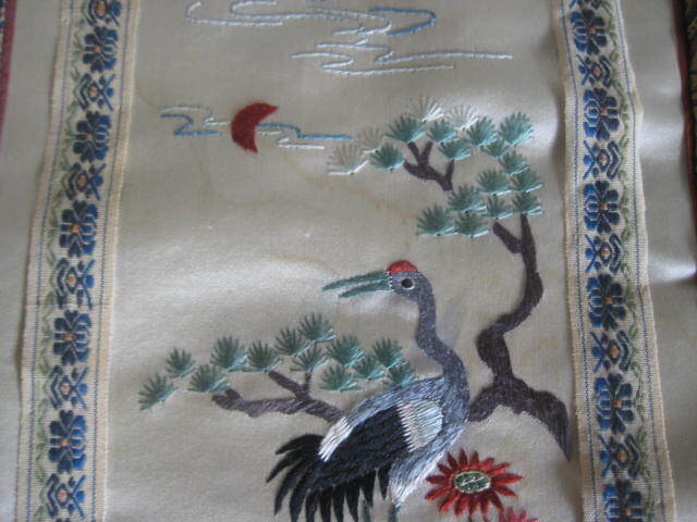 Oriental Embroidery Panel Wall Hanging Silk 16 x 9 in. Set of 3