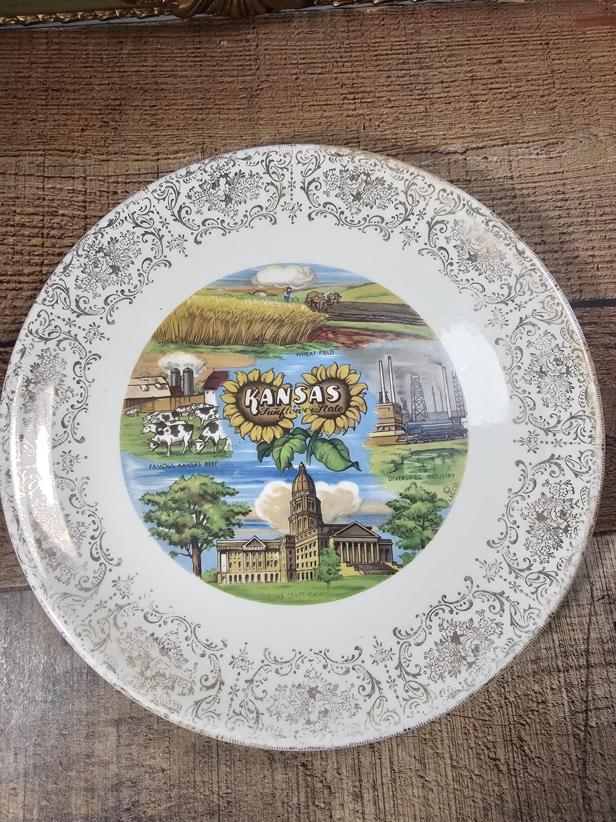 VTG Kansas Sunflower State Souvenir Plate, 9″ Goldtone Floral Border