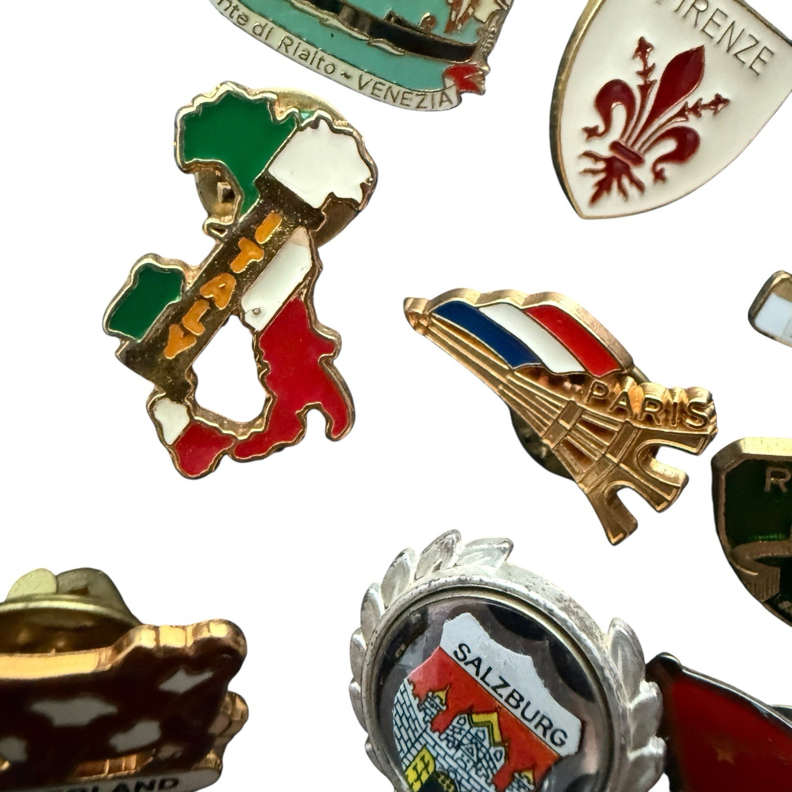 Vintage Souvenir Lapel Pins Lot Of 9 Austria Switzerland Roma Italy Salzburg