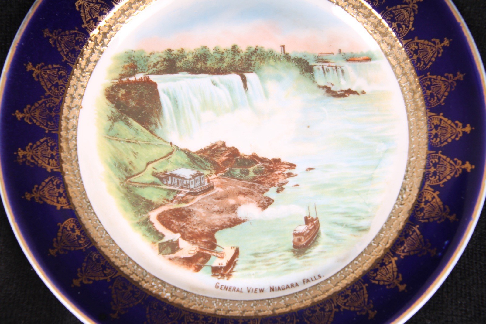 Niagara Falls Blue Gold Porcelain Antique Souvenir Plate Cobalt General View