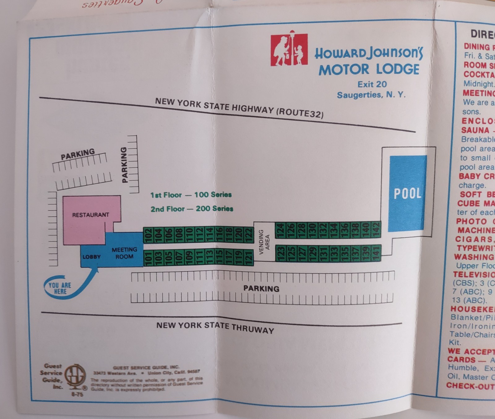 Howard Johnson’s Motor Lodge – Exit 20 Saugerties NY New York – brochure – 1975