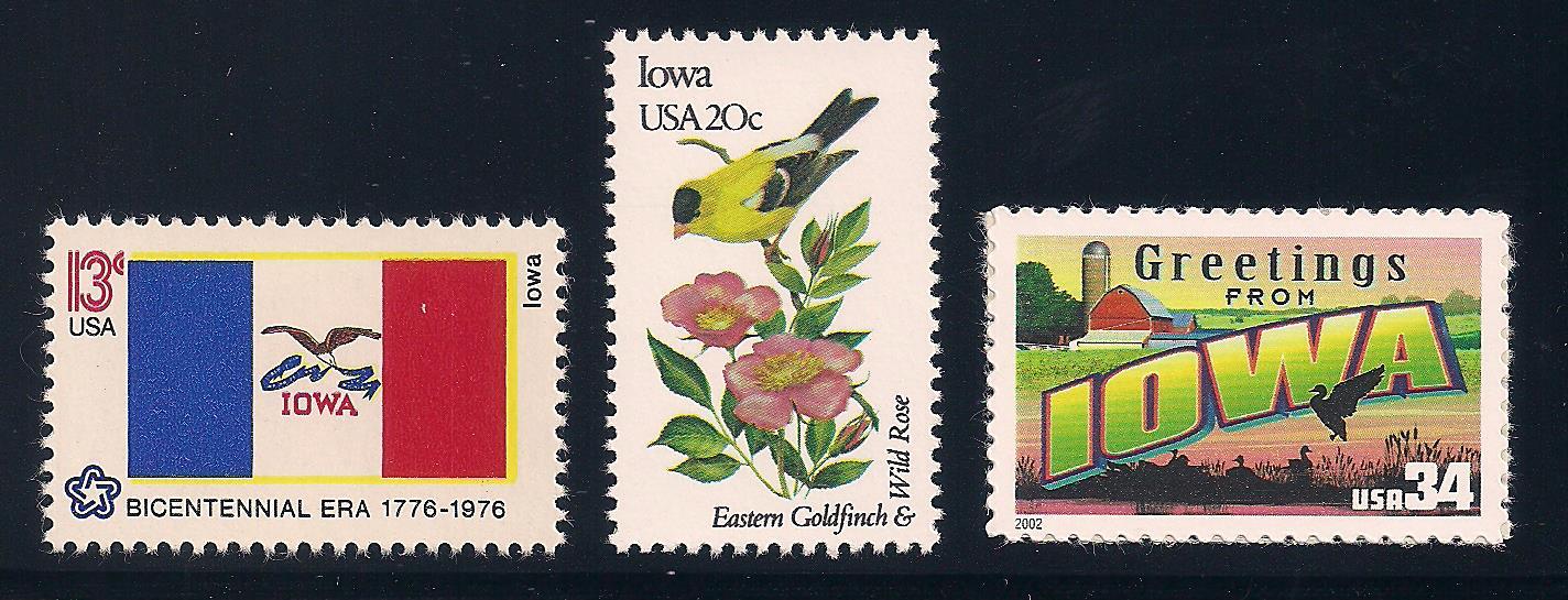 IOWA – STATE FLAG, BIRD, FLOWER – SET OF 3 U.S. STAMPS – MINT CONDITION