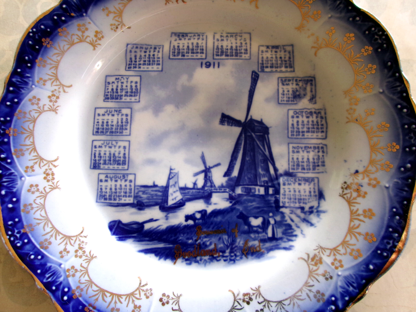 Souvenir 1911 Porcelain Antique Calendar Plate Goodland Indiana Windmill Scene