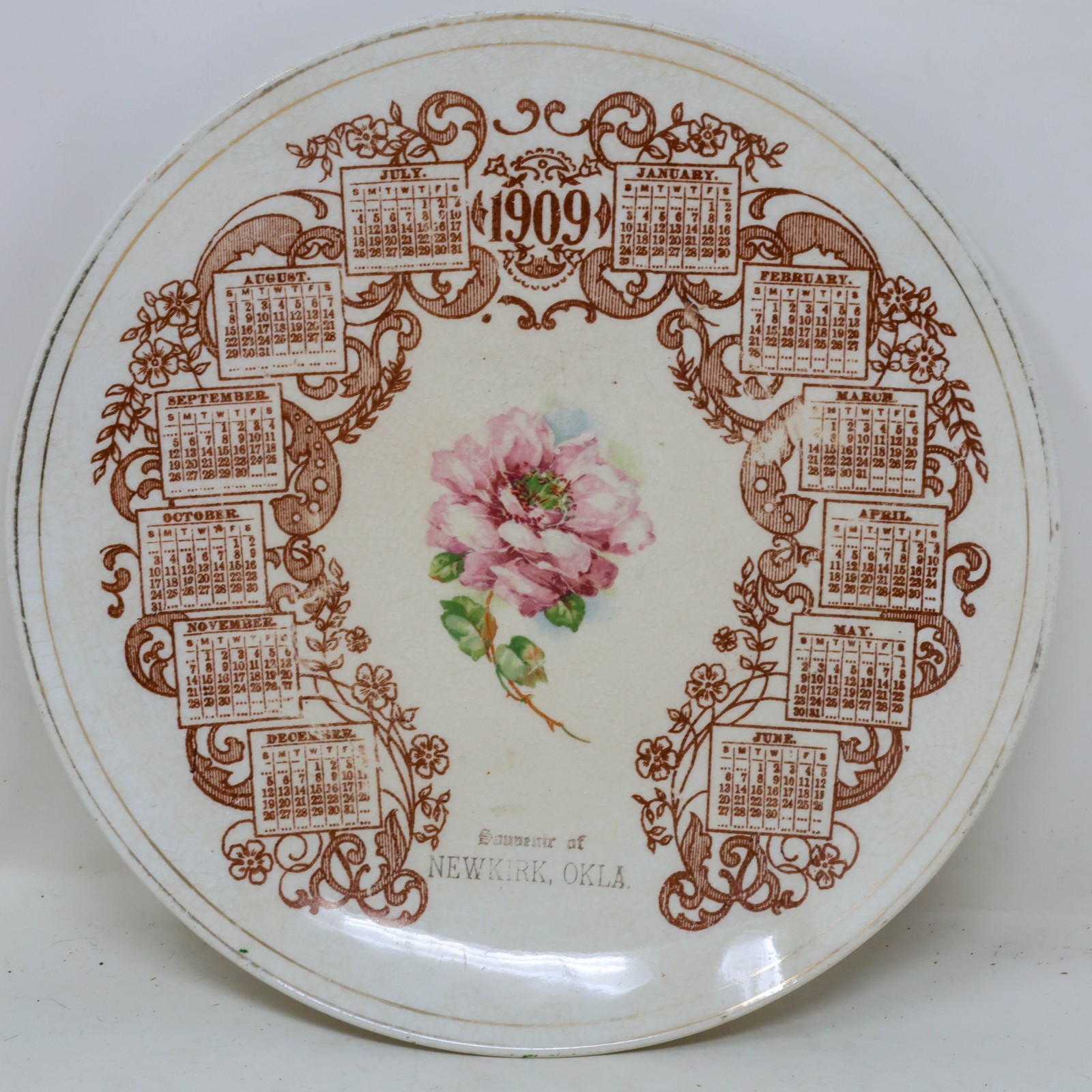 Antique 1909 Souvenir Calendar Plate Newkirk Oklahoma Pink Rose American ChinaCo