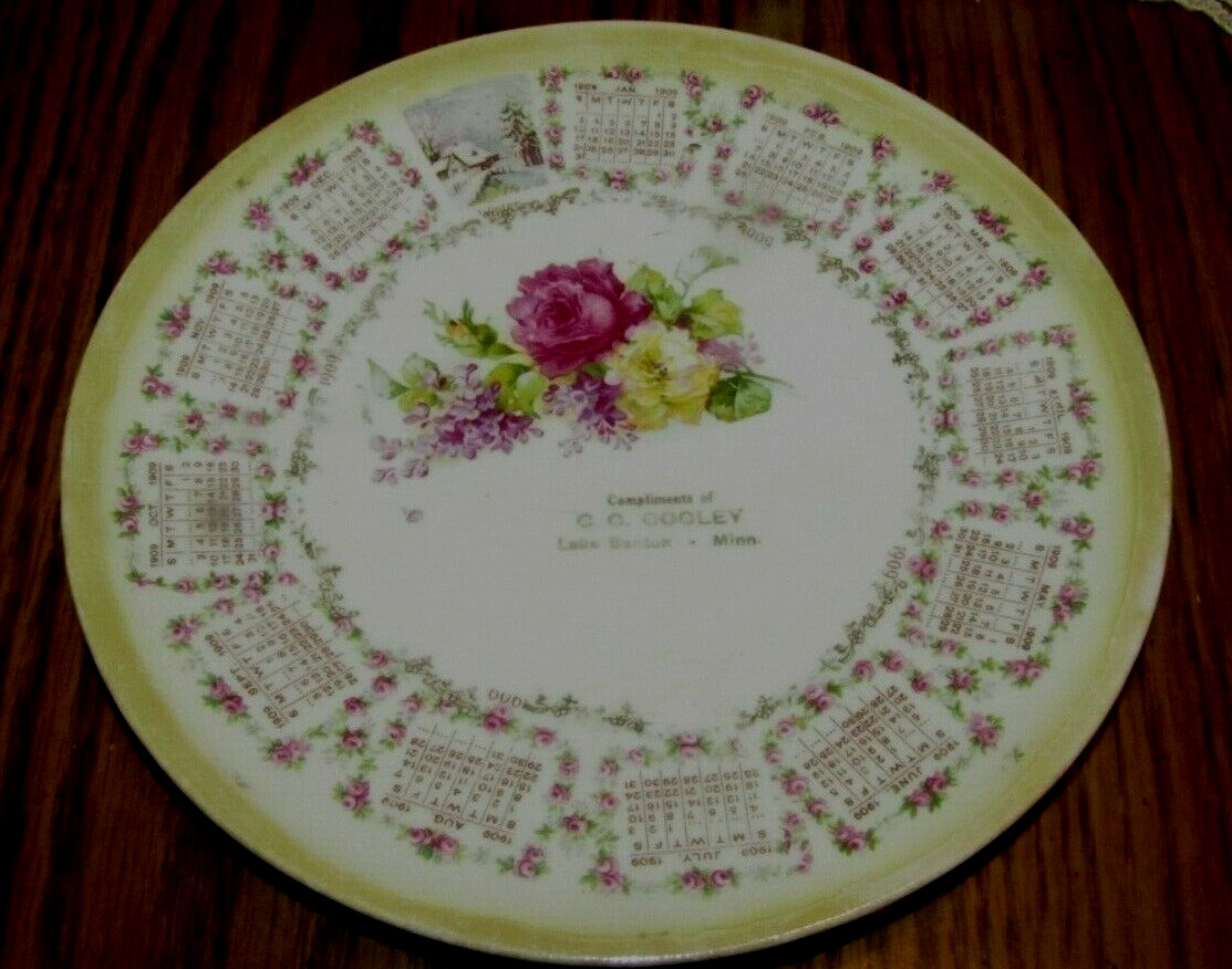 Antique Souvenir Advertising Calendar Plate 1909 Cooley Lake Benton Minnesota