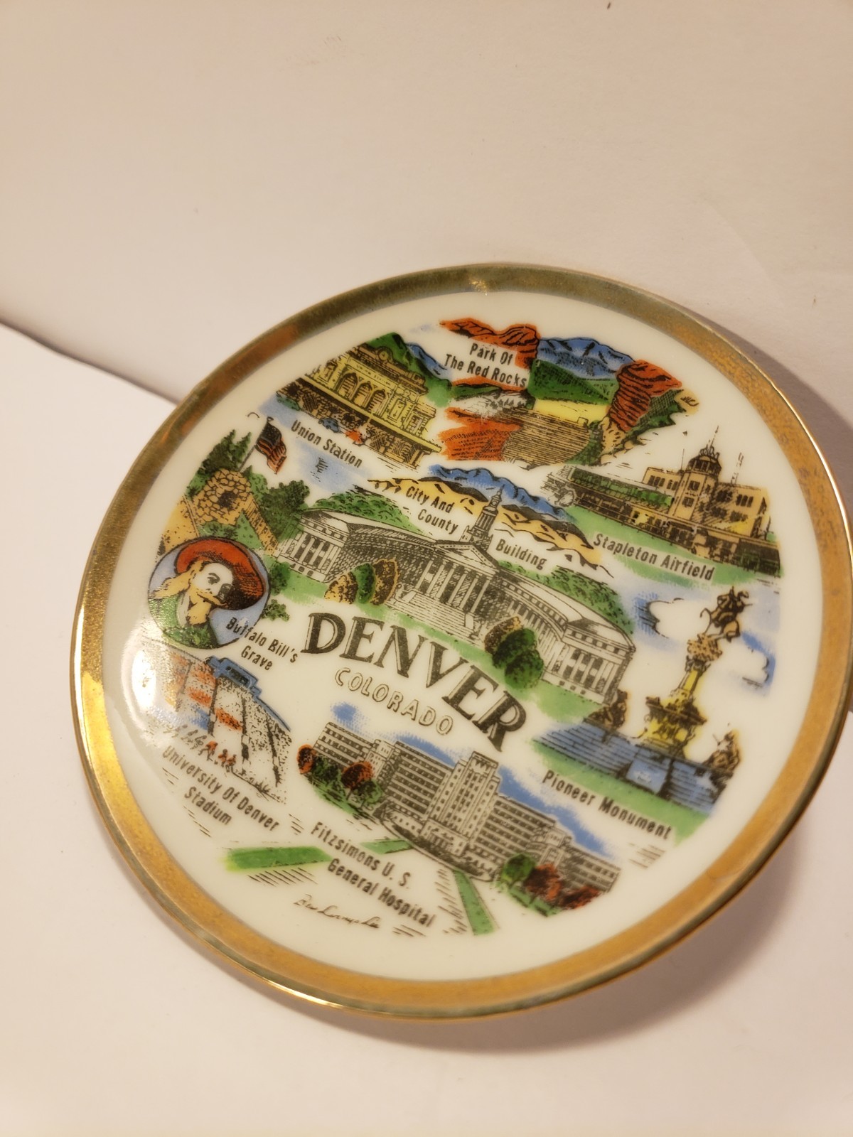 Vintage Denver Colorado Souvenir Plate Stapleton Airfield Union Station 4″ Small