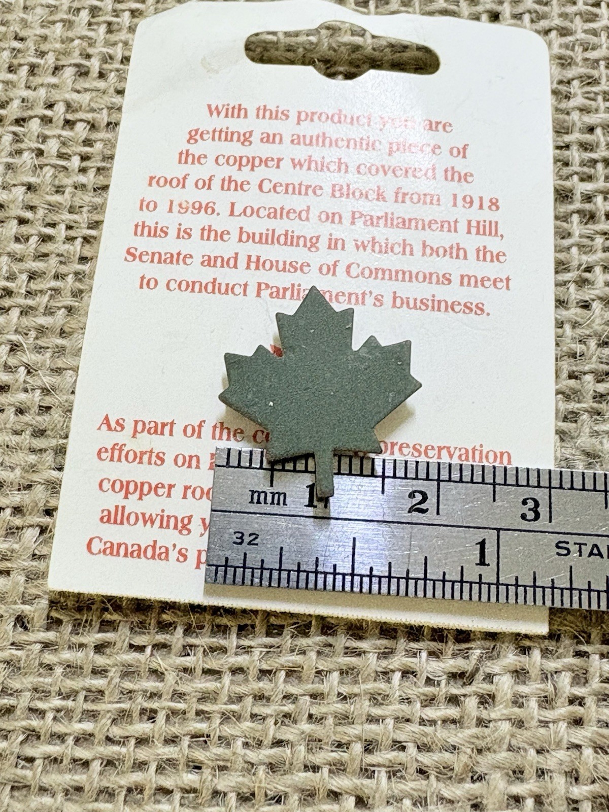 Canada Maple Leaf Copper Piece From Canada’s Parliament Roof Reno Pin ****