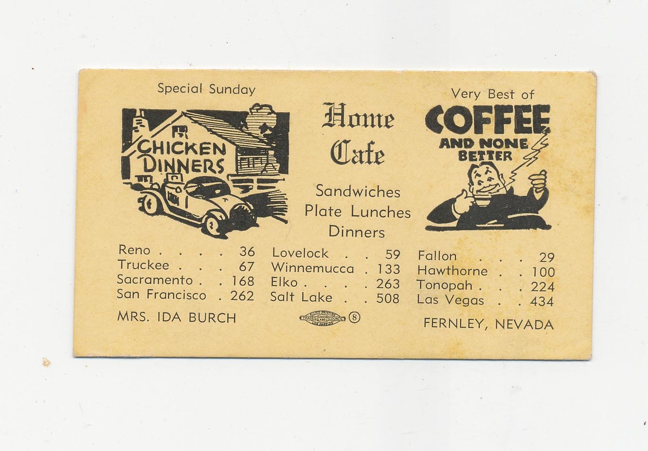 H18 – VINTAGE BUSINESS CARD HOME CAFÉ “CHICKEN DINNERS” FERNLEY NEVADA