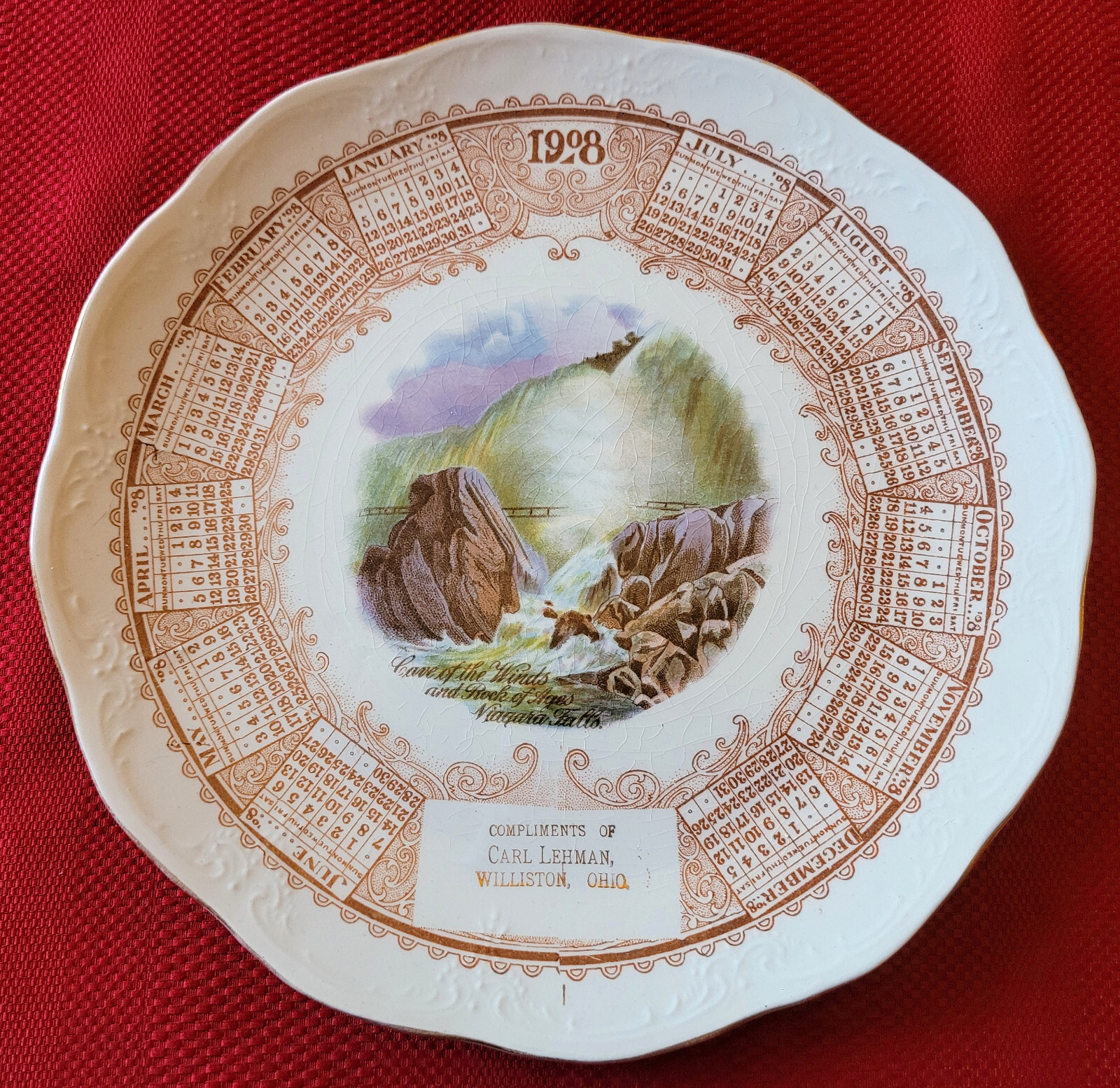 RARE 1908 *WILLISTON, OHIO* Souvenir CALENDAR PLATE *Compliments of CARL LEHMAN*
