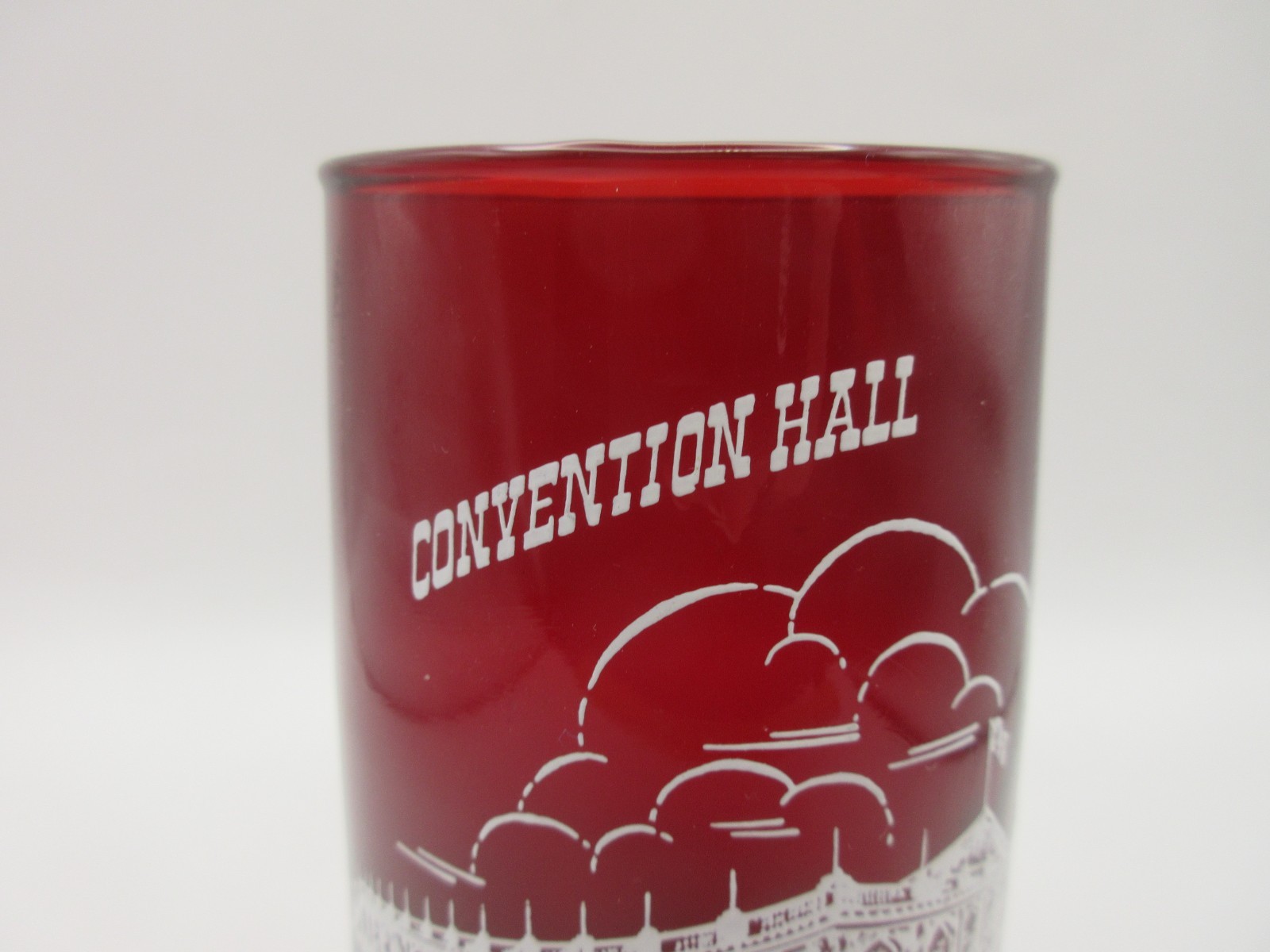 Vtg Ruby Red Glass Tumbler Conventional Hall Kansas City MO 1850-1950 Historical