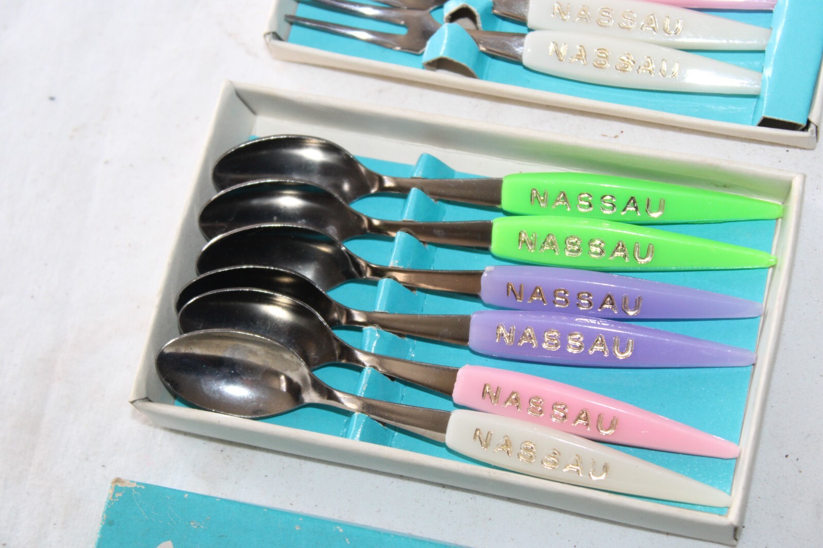 NOS Vtg Nassau Bahamas 6 Souvenir Little Canopy Forks & Spoons Stainless Steel