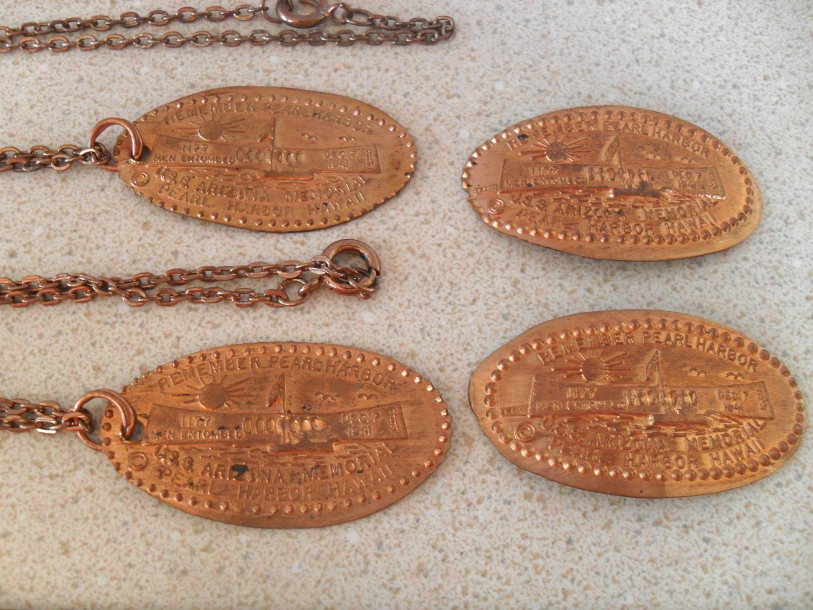 Remember Pearl Harbor U.S.S. Arizona Souvenir Press Penny Necklaces + Extra