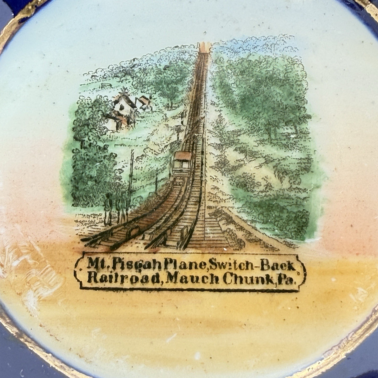 Mauch Chunk Pennsylvania PA Antique RAILROAD Souvenir COBALT TRINKET DISH