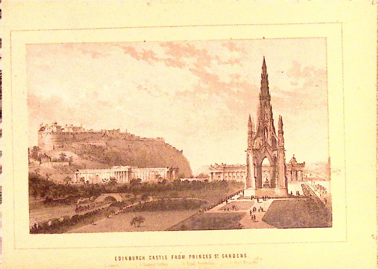 Edinburgh Castle Princes St Gardens Scotland Antique Print Engraving 1800s