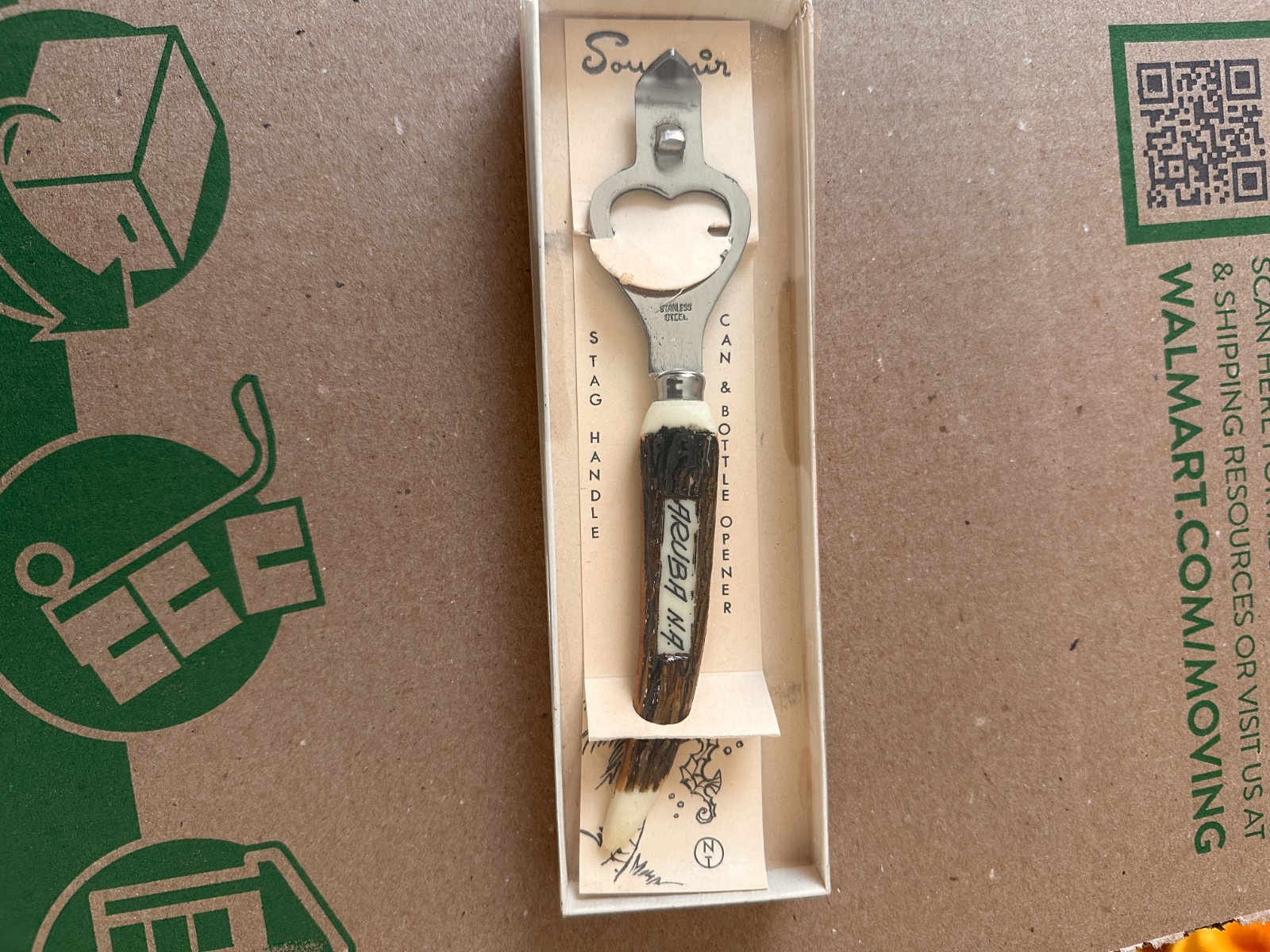 Vintage Aruba N.A. Souvenir Can Bottle Opener Stag Handle Mid Century In Box