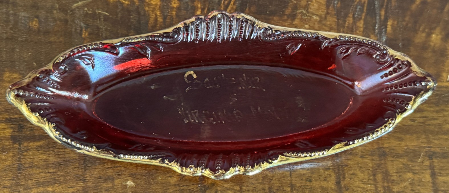 Antique Ruby Red Glass Trinket Dish w Gold Trim Souvenir VIRGINIA M 6×2.5×1″