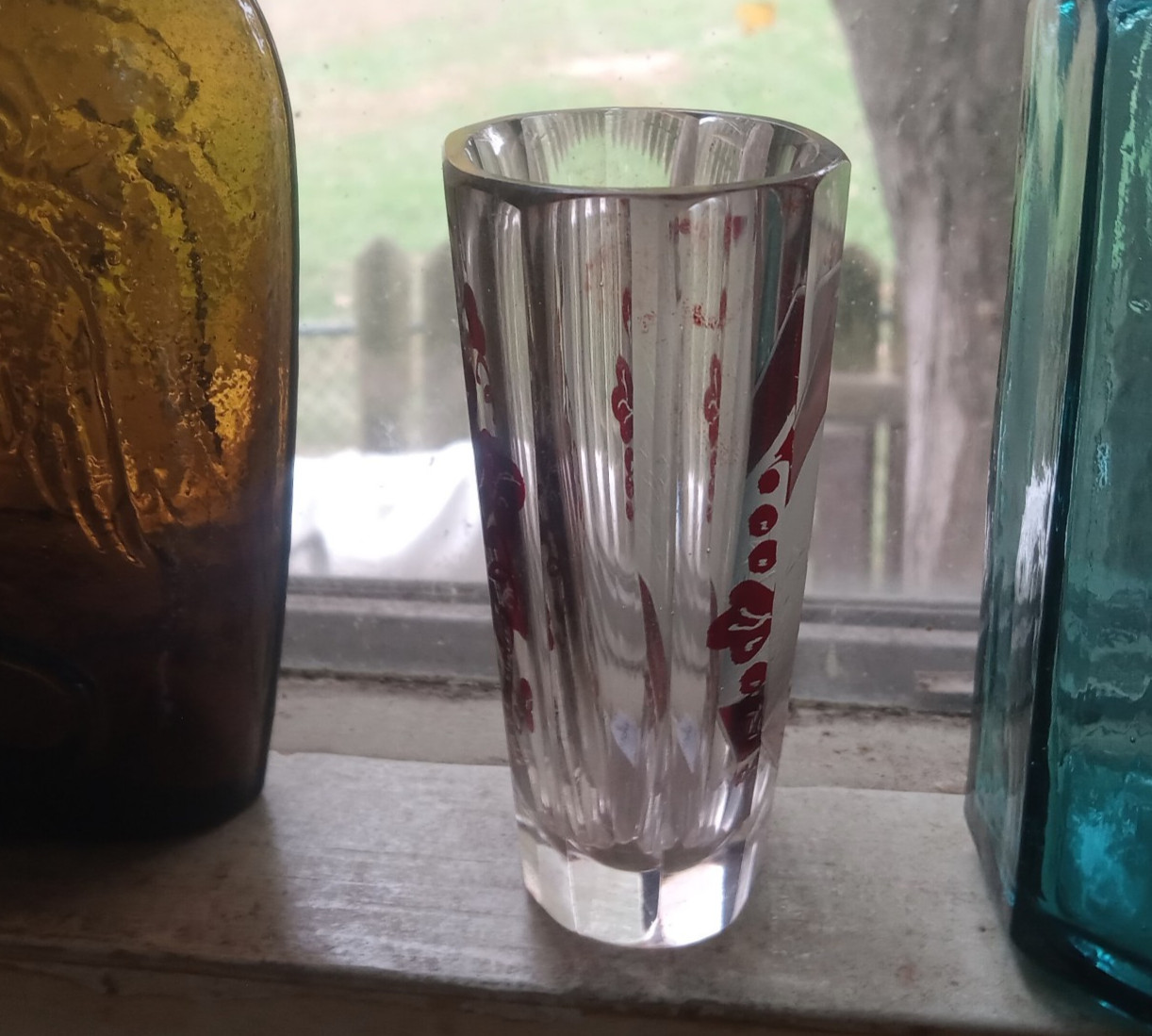 1870s RUBY STAINED 12 SIDED CASINO SPA ENGRAVED SOUVENIR SHOT GLASS FROM GERMANY