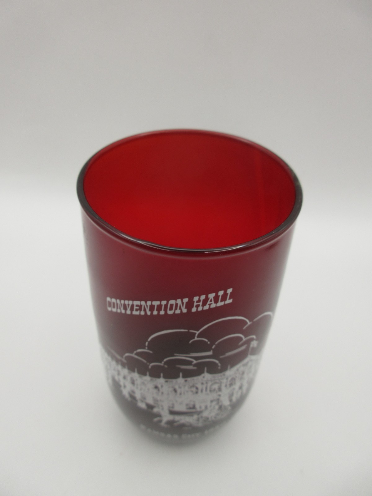 Vtg Ruby Red Glass Tumbler Conventional Hall Kansas City MO 1850-1950 Historical