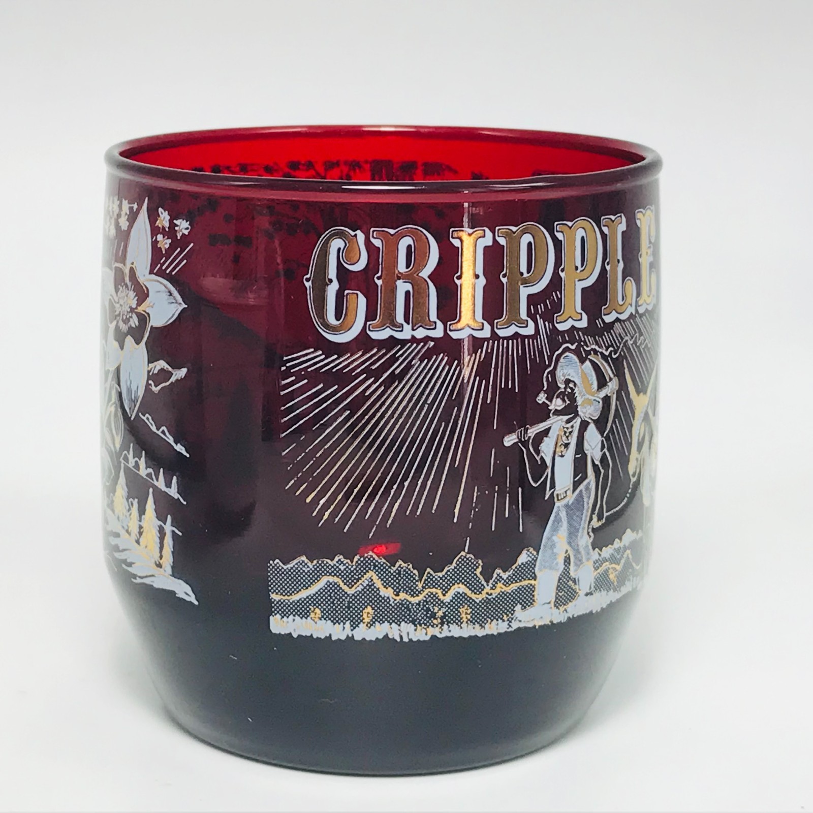 Vintage Cripple Creek Colorado Red Cocktail Glass Souvenir Gold Mining Scene