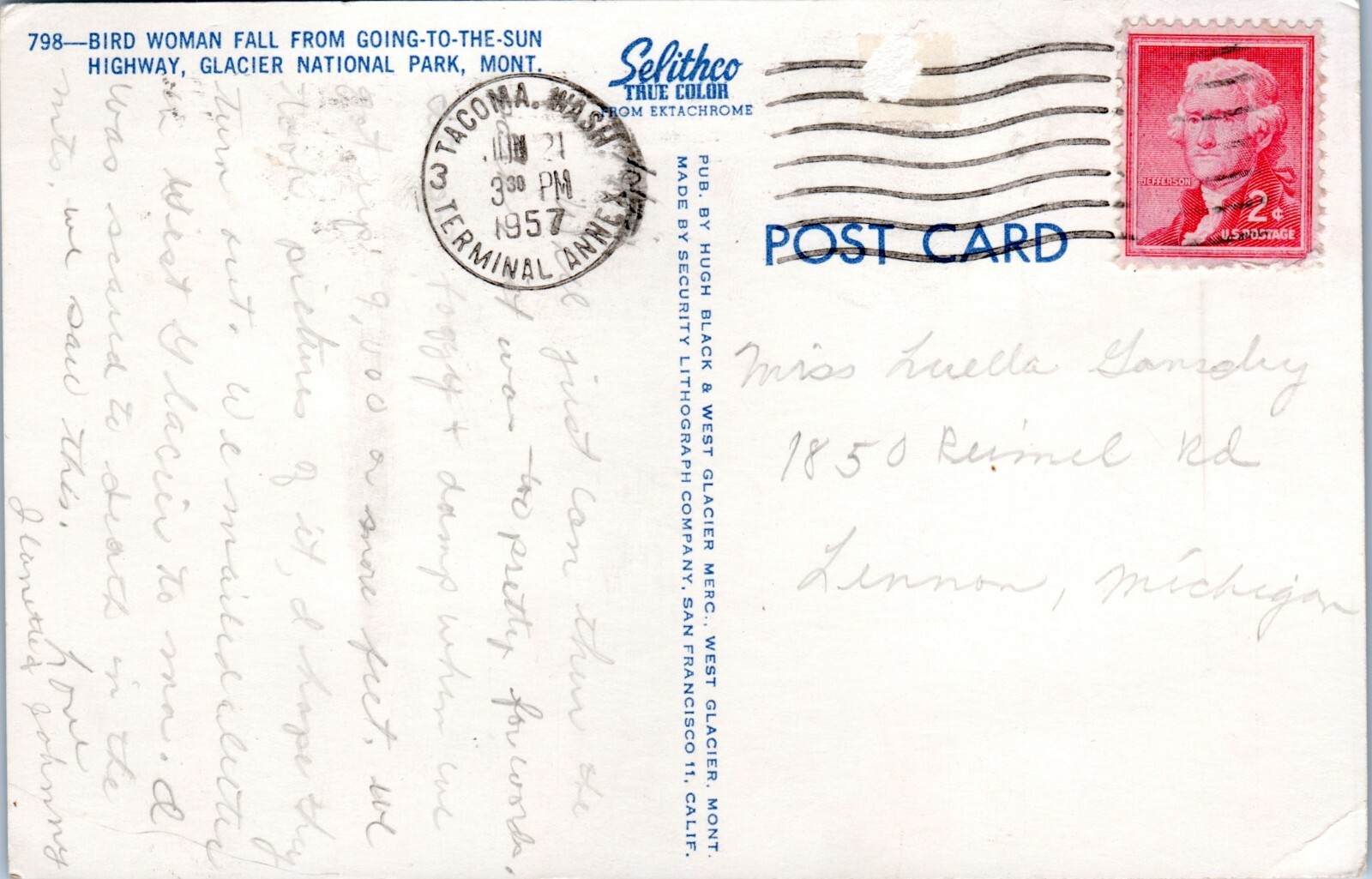 1957 Bird Woman Fall Glacier National Park Postcard Montana Security Lithograph