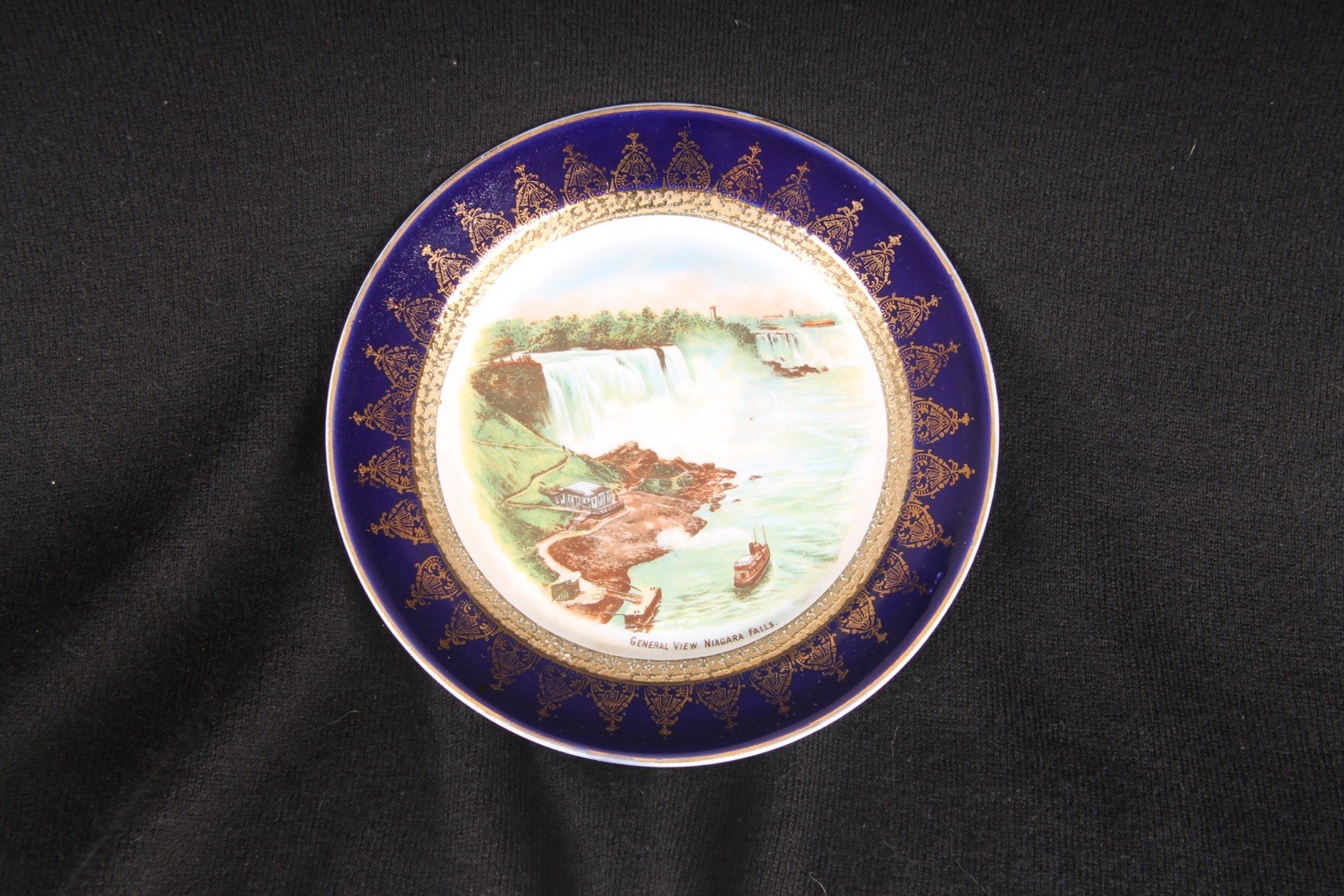Niagara Falls Blue Gold Porcelain Antique Souvenir Plate Cobalt General View