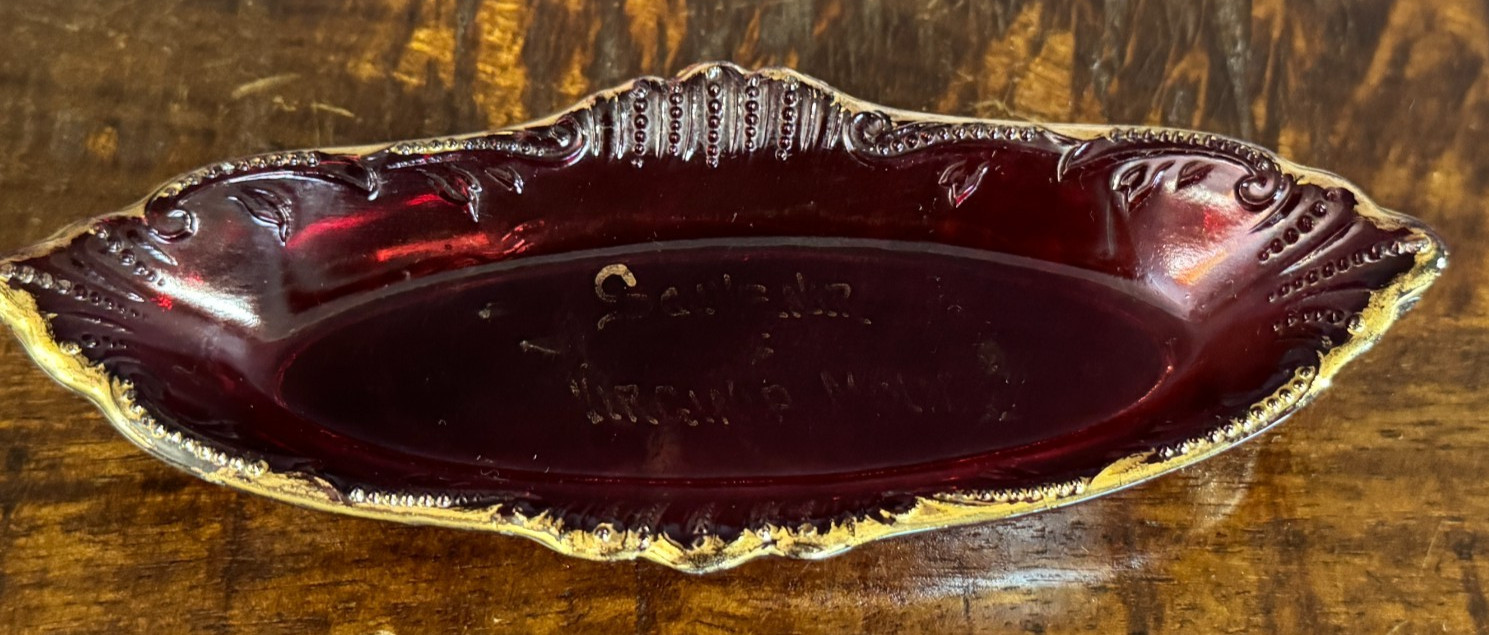 Antique Ruby Red Glass Trinket Dish w Gold Trim Souvenir VIRGINIA M 6×2.5×1″