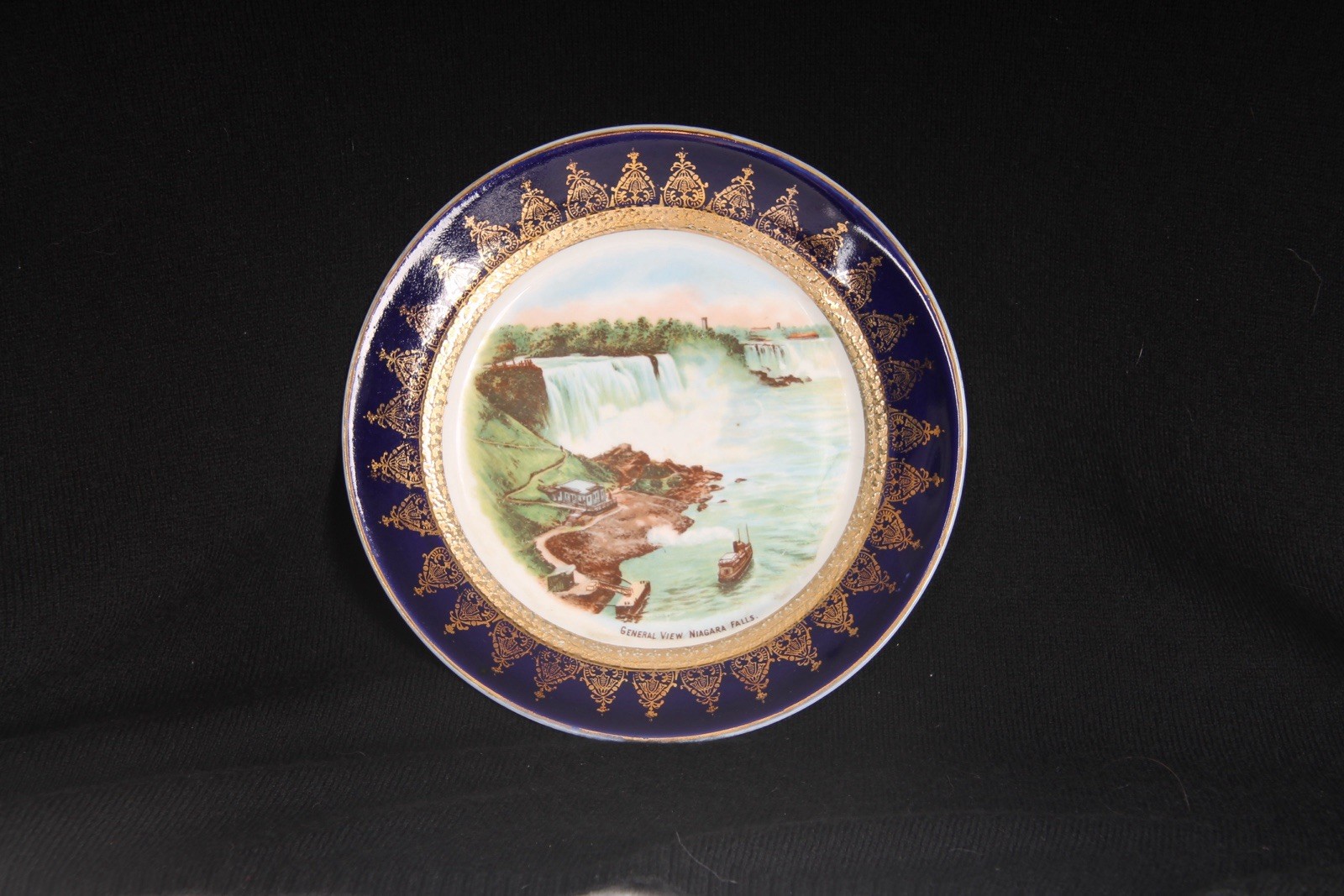 Niagara Falls Blue Gold Porcelain Antique Souvenir Plate Cobalt General View