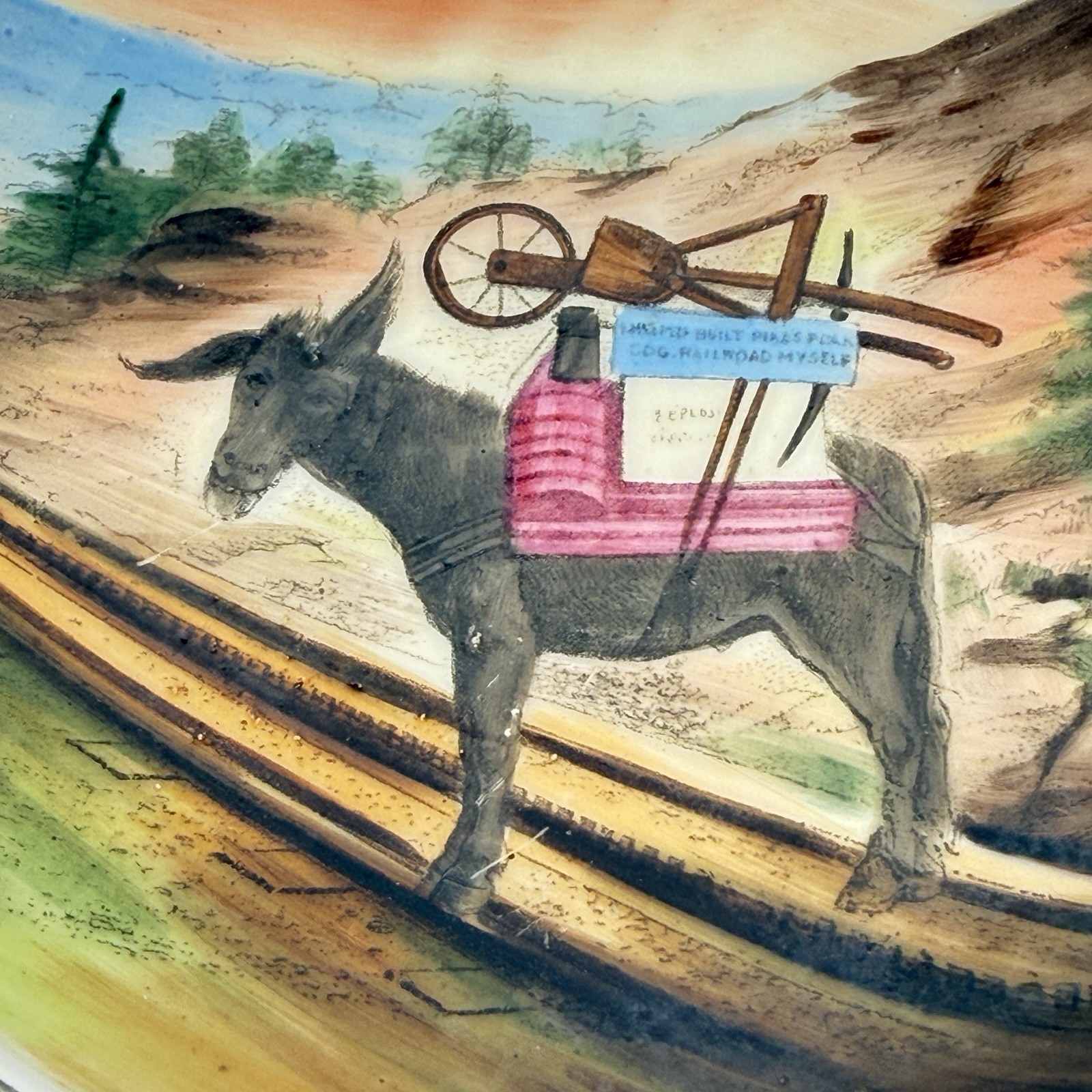 COLORADO SPRINGS CO Antique Souvenir Donkey Gold Rush Dresden TRINKET Dish