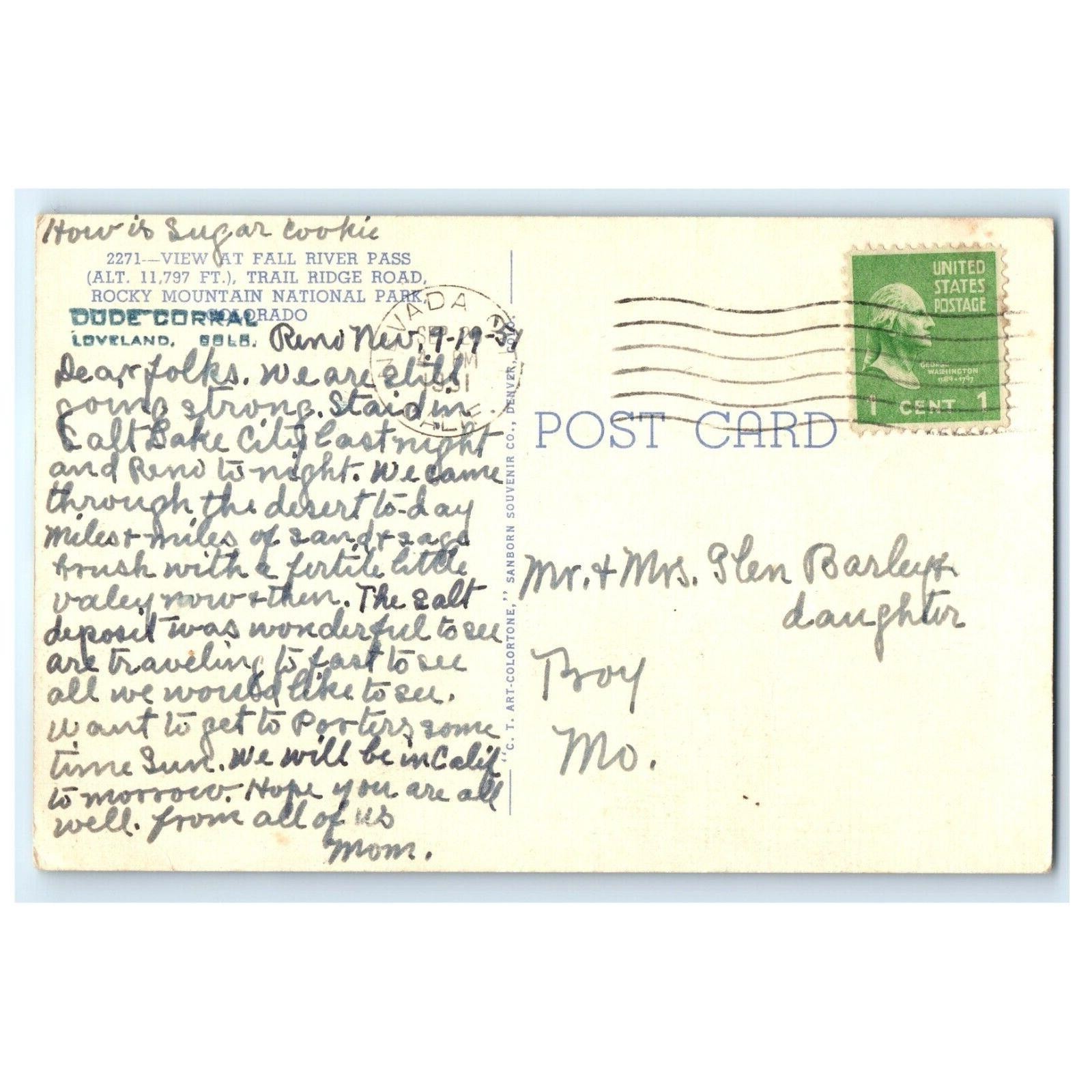 CT Postcard Linen Vintage Fall River Pass Rocky Mountain Park Colorado 1938 Trav