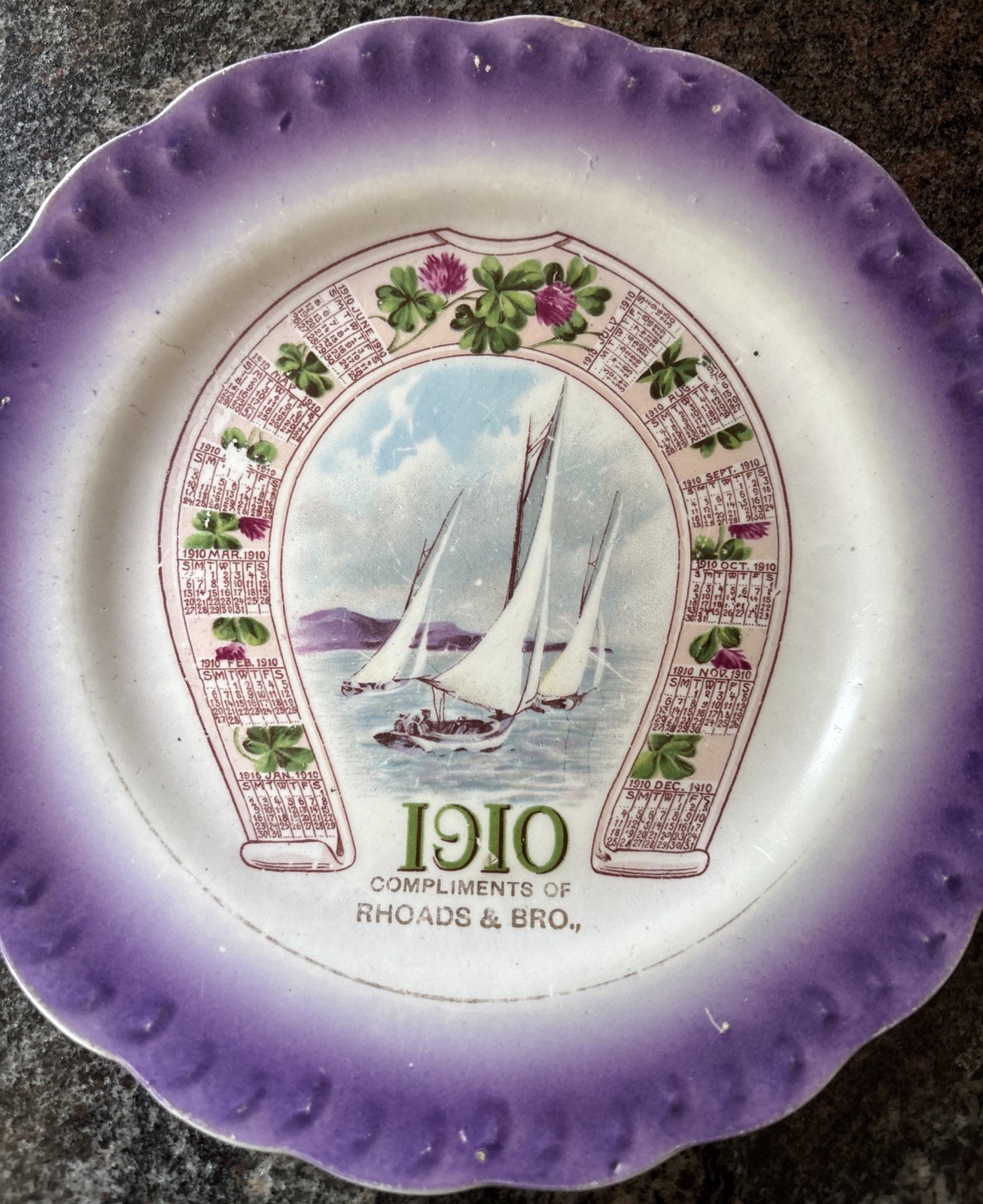 Vintage 1910 Calendar Plate Rhoads & Bro. Carnation McNicol Purple Horseshoe PA