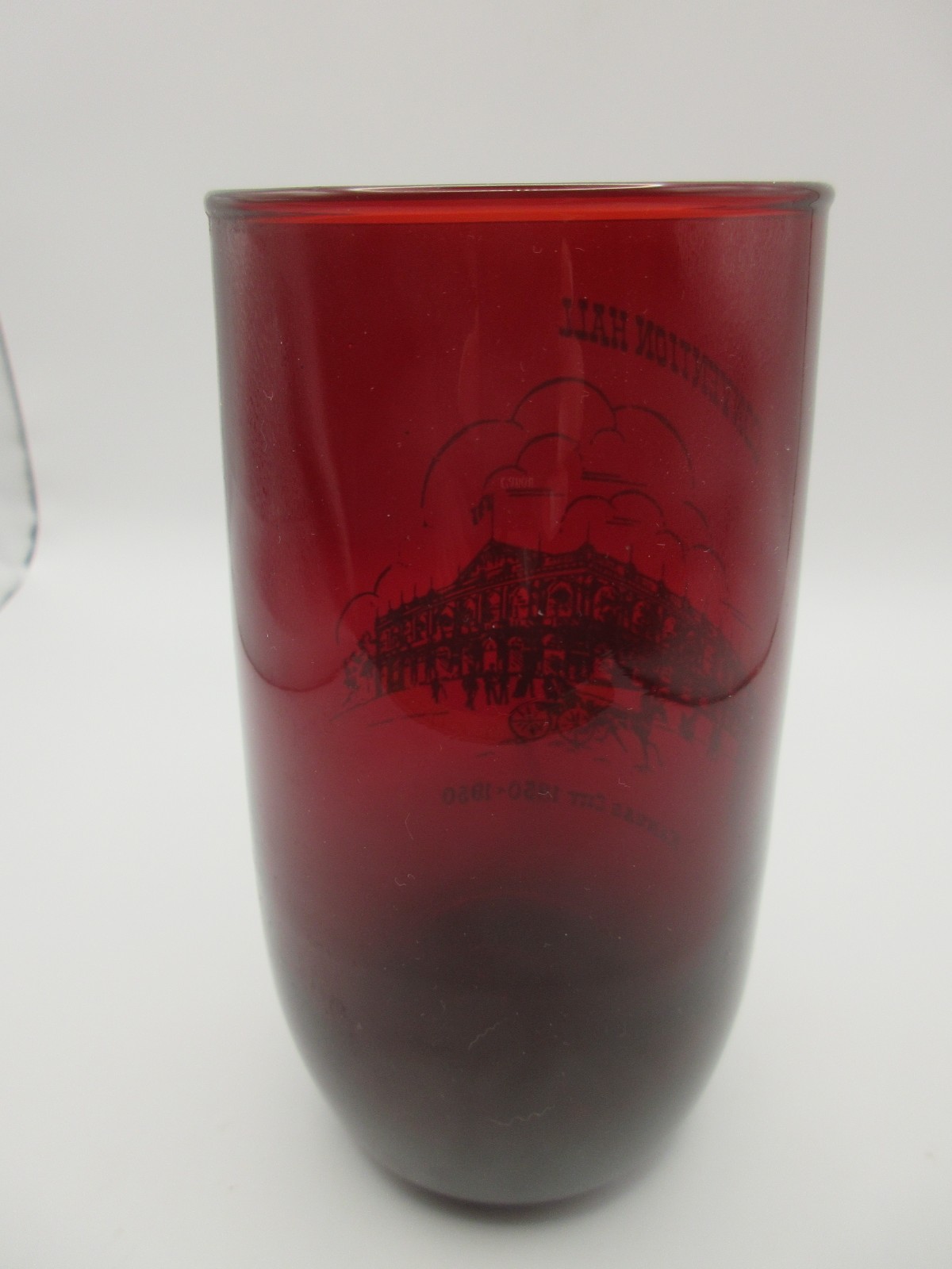 Vtg Ruby Red Glass Tumbler Conventional Hall Kansas City MO 1850-1950 Historical