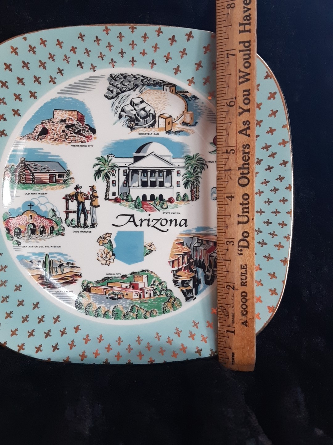 Vtg MCM Mid Century State of Arizona Collectible Square Souvenir Plate Teal