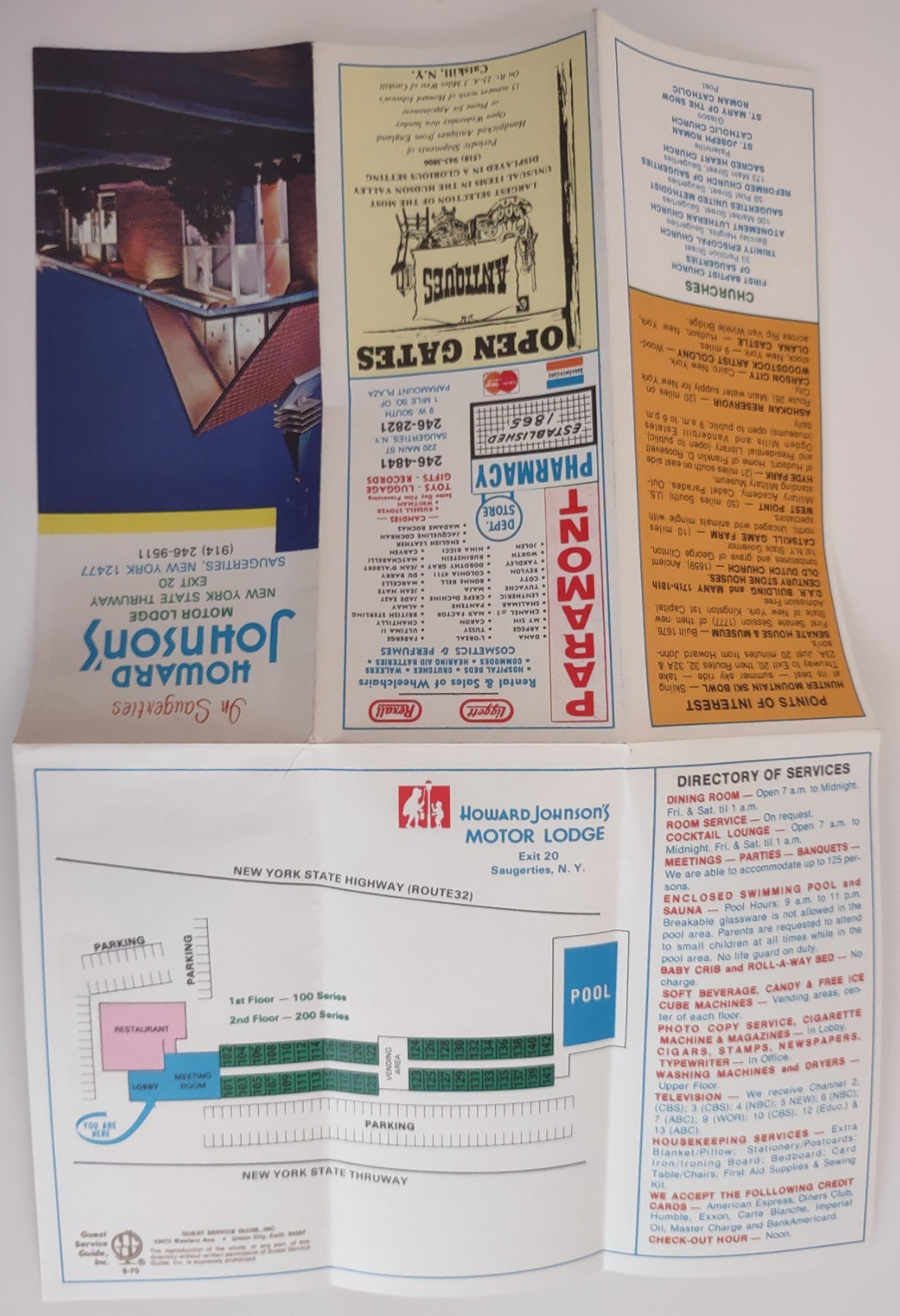 Howard Johnson’s Motor Lodge – Exit 20 Saugerties NY New York – brochure – 1975