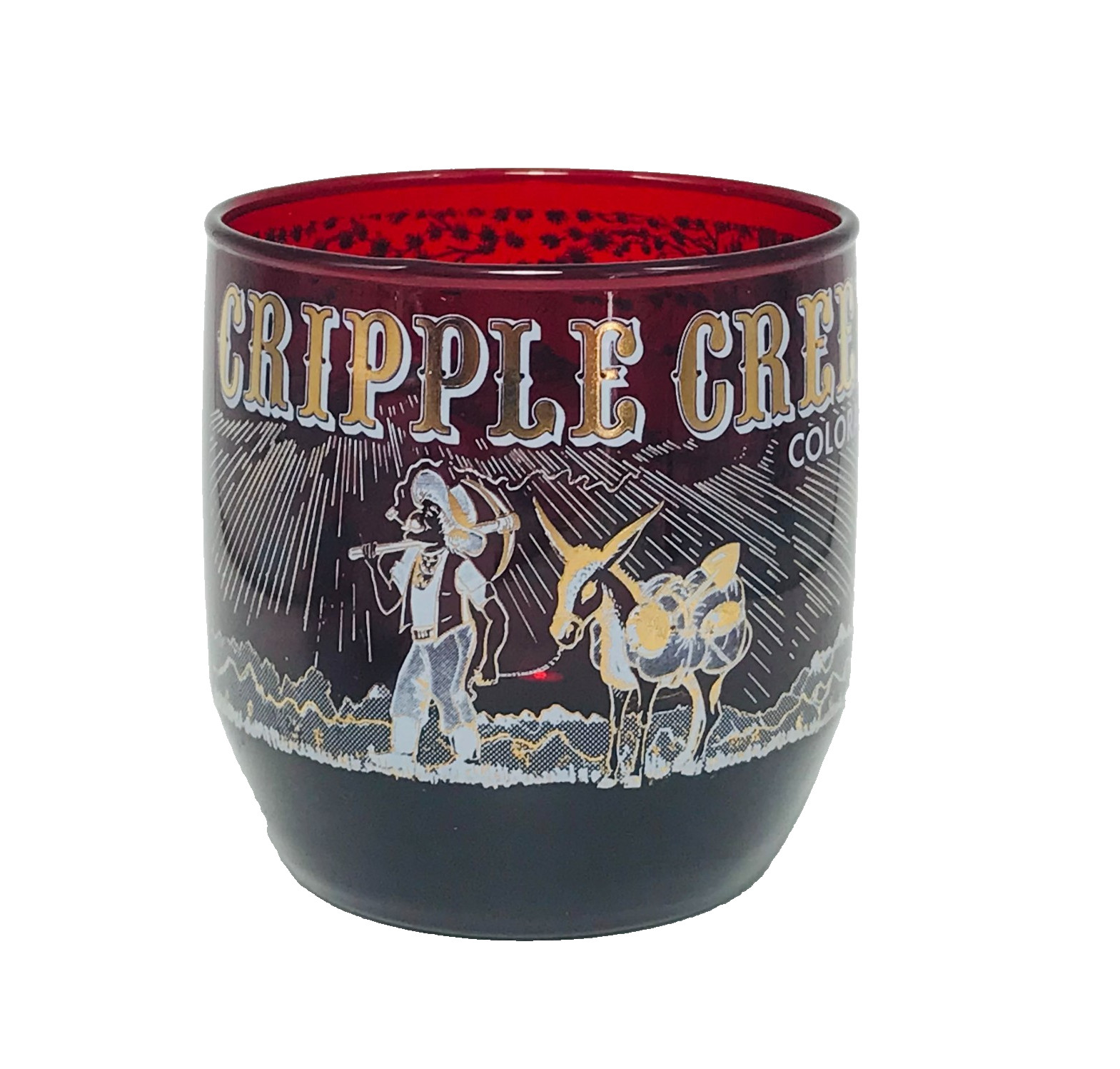 Vintage Cripple Creek Colorado Red Cocktail Glass Souvenir Gold Mining Scene