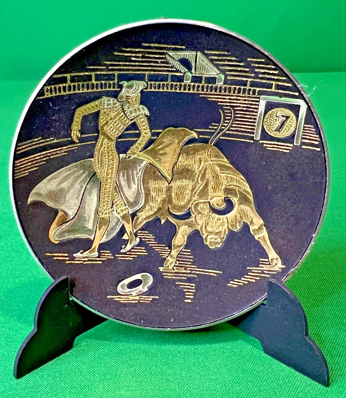 Vintage 24K Gold Plated Metal Mini-Plate Matador and Bull Art w/ stand- SPAIN