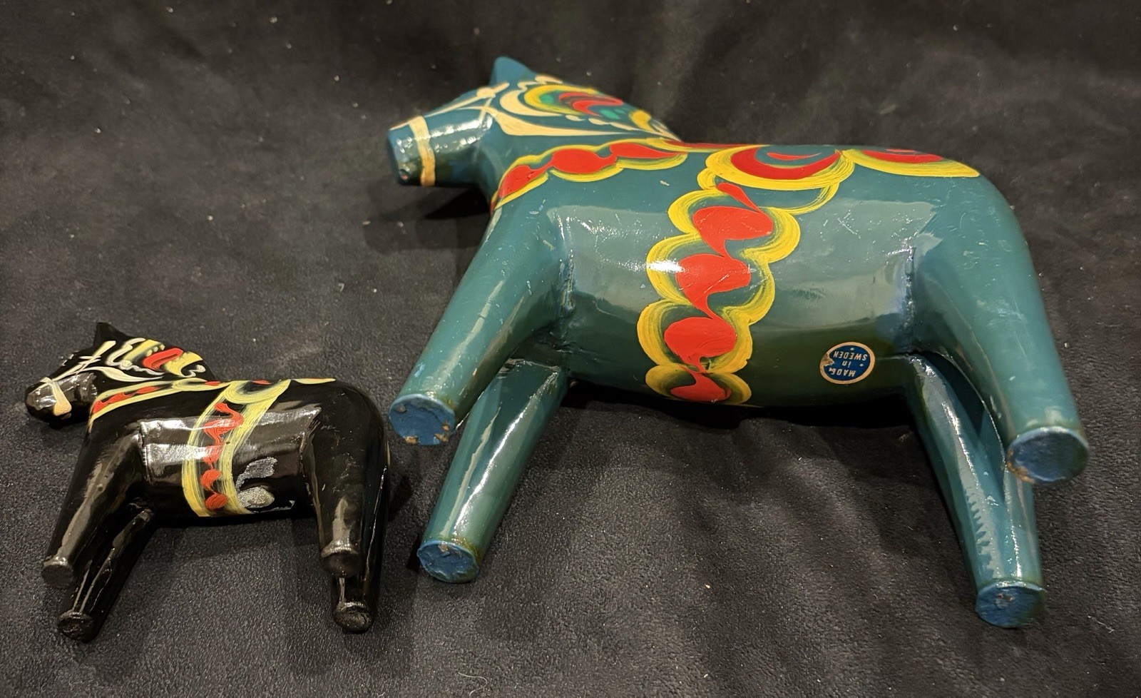 2 Vintage Nils Olsson SWEDISH Folk Art DALA HORSE 8” Blue Hand Painted 4” Black